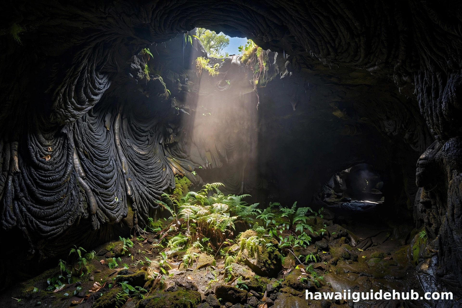 Inside a Hawaiian lava tube with ropy walls and a skylight beam