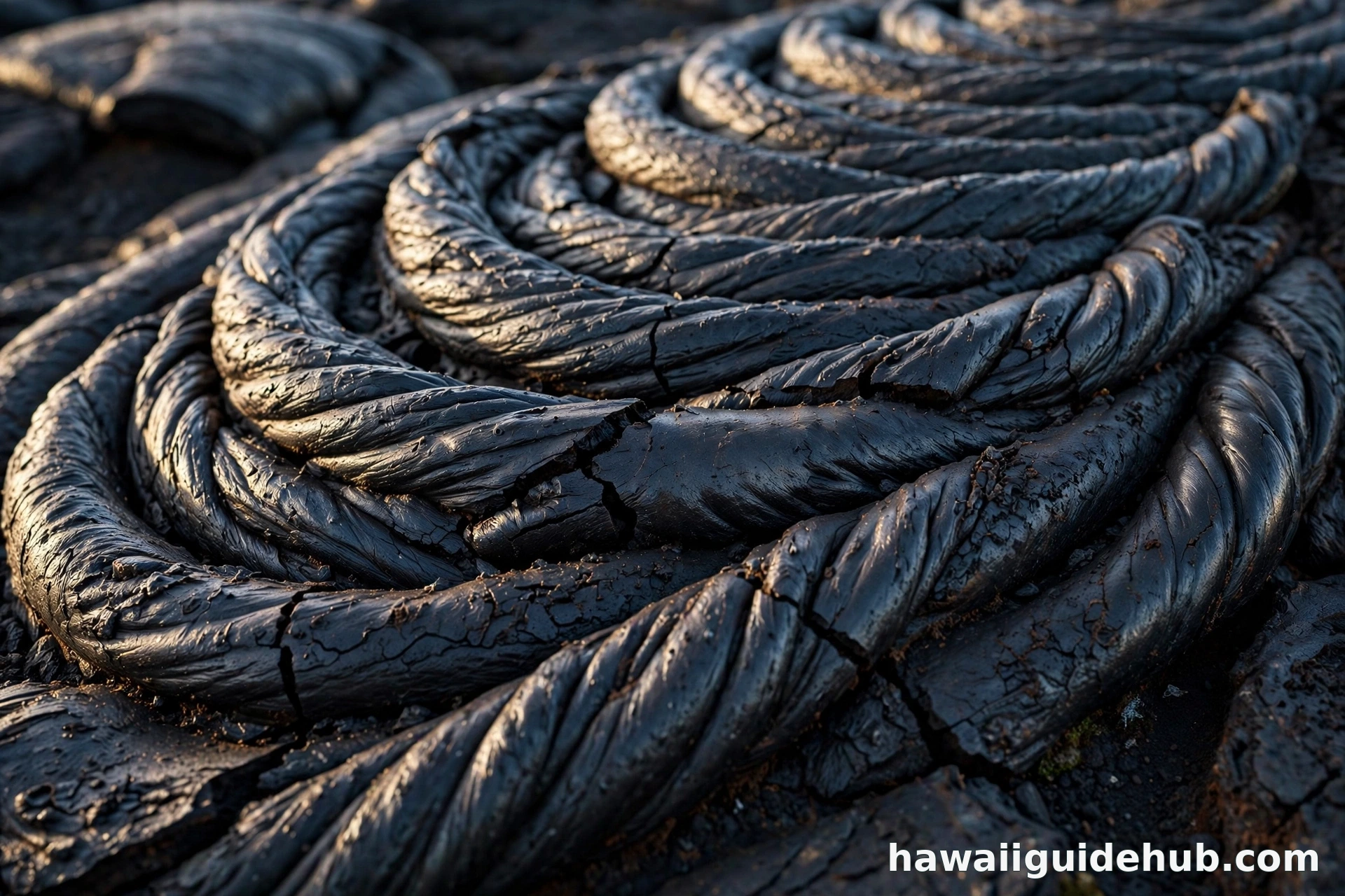 Close-up of ropy pahoehoe lava coils in Hawaii