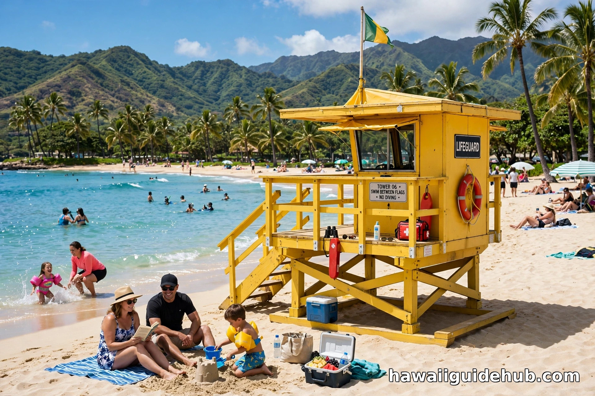 Yellow lifeguard tower on a Hawaiian beach with swimmers in turquoise water