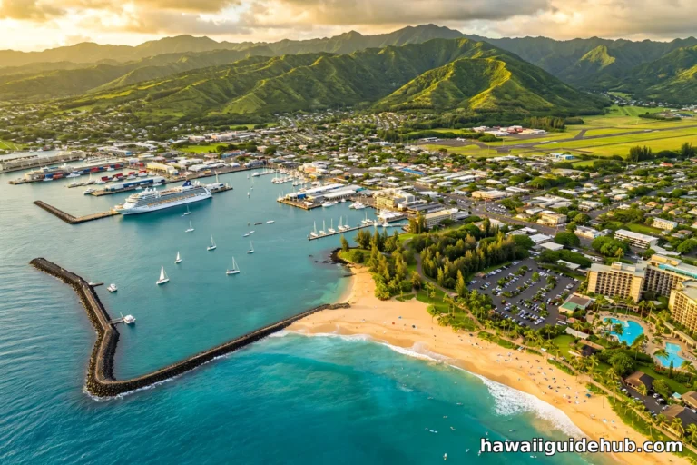 Aerial view of Kalapaki Beach and Nawiliwili Harbor in Lihue, Kauai, with a cruise ship anchored in the bay