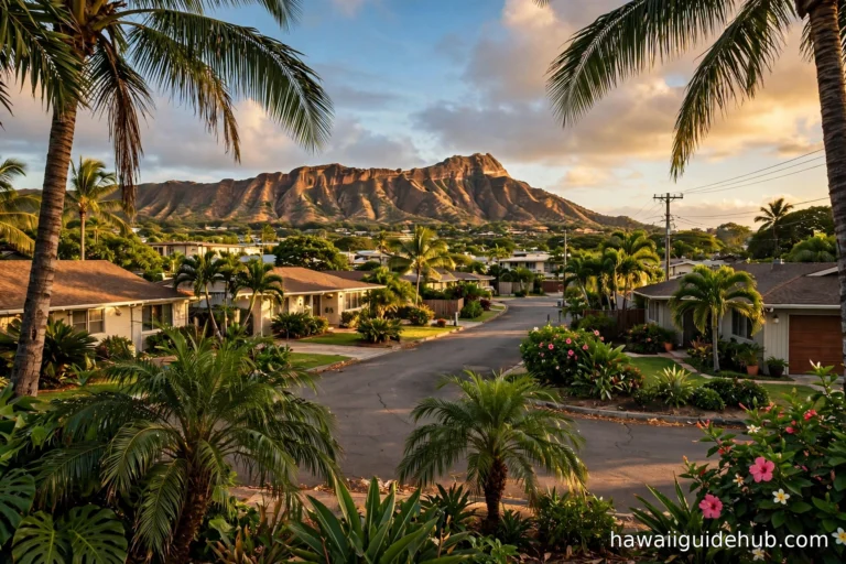 Honolulu residential neighborhood with single-family homes, palm trees, and Diamond Head crater at golden hour
