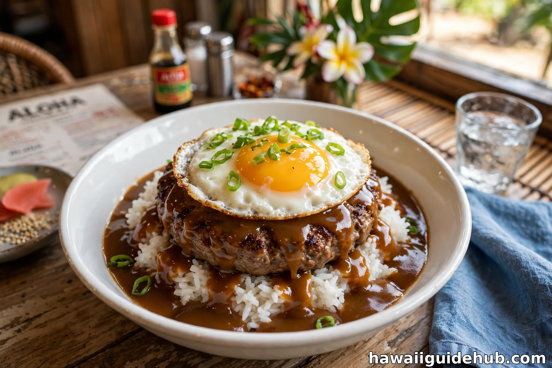 Classic Hawaiian loco moco in a white bowl: steamed rice, hamburger patty, brown gravy, and a sunny-side-up fried egg with green onions