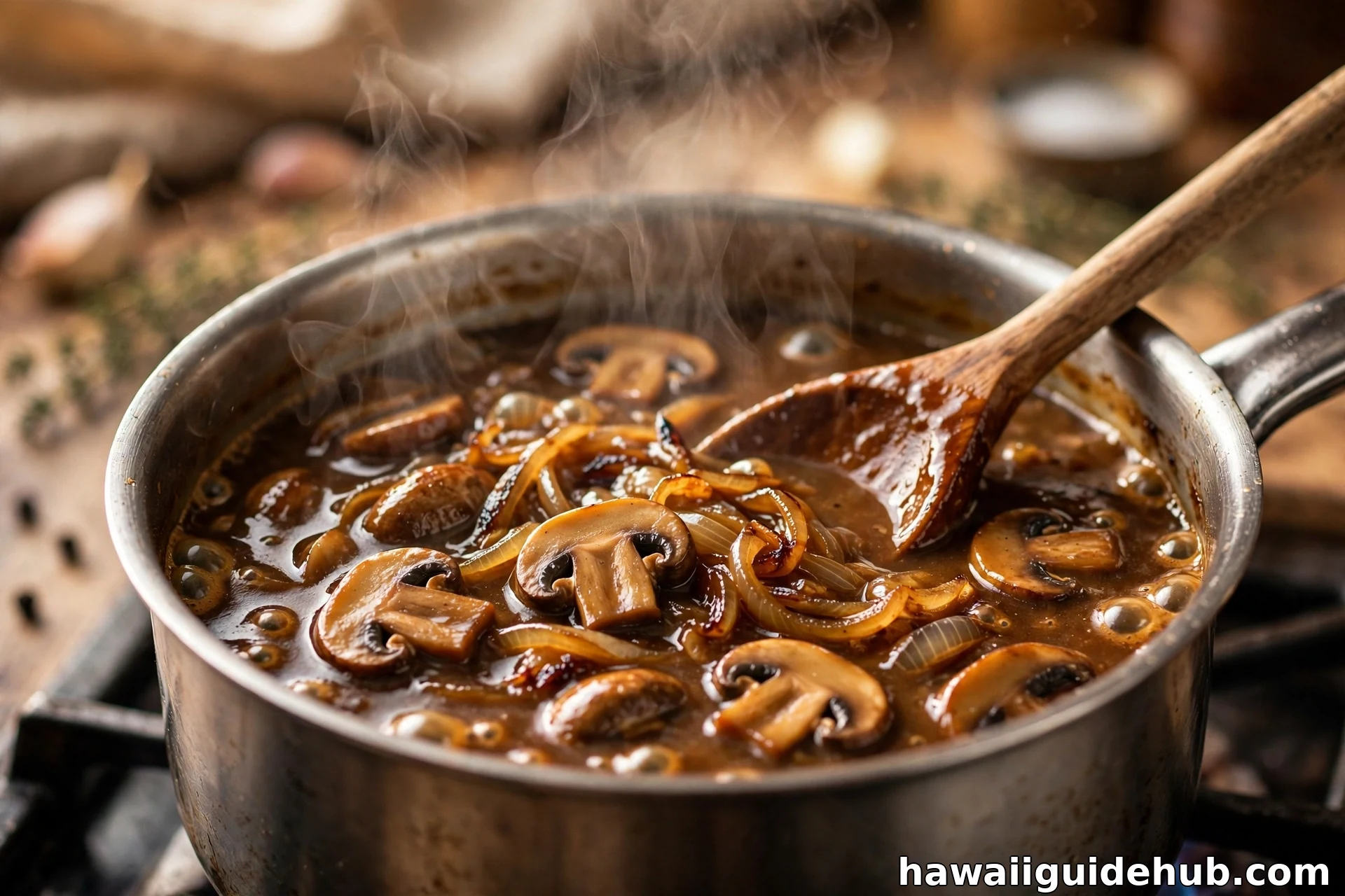 Rich brown mushroom and onion gravy simmering in a saucepan