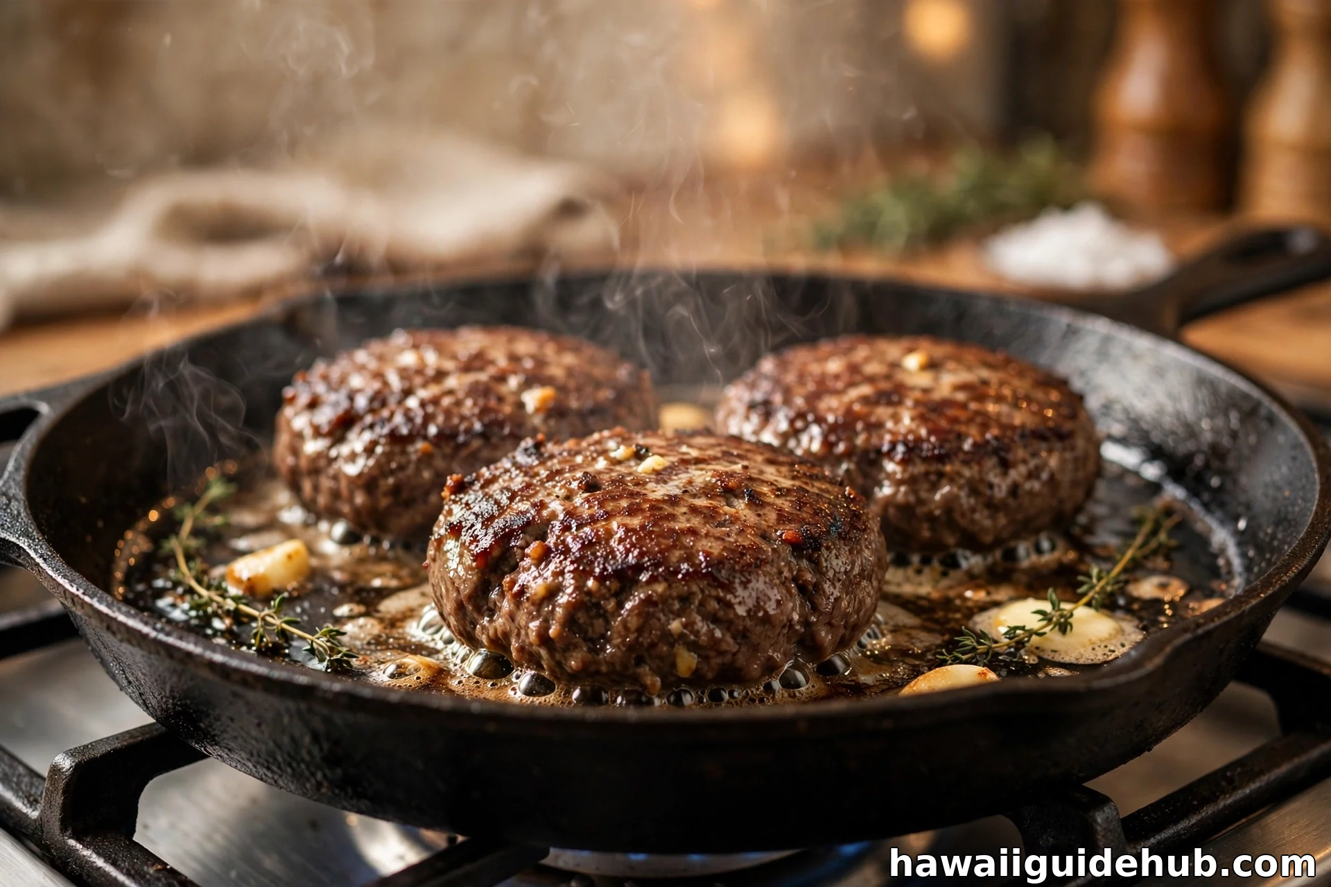 Thick beef hamburger patties sizzling in a cast iron skillet with a caramelized crust