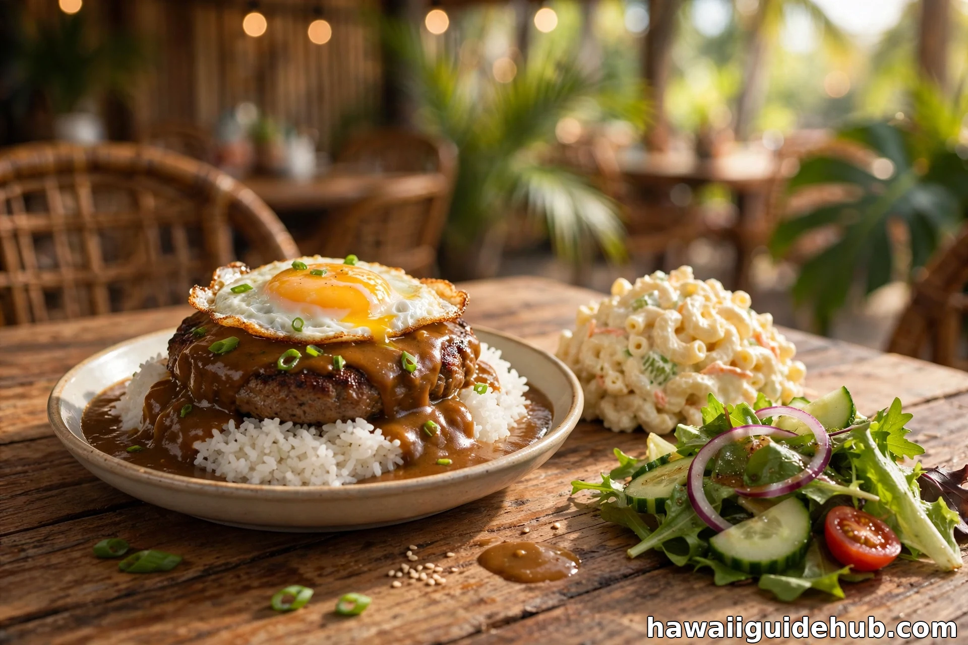 Hawaiian plate lunch with loco moco, macaroni salad and green salad on a wooden table