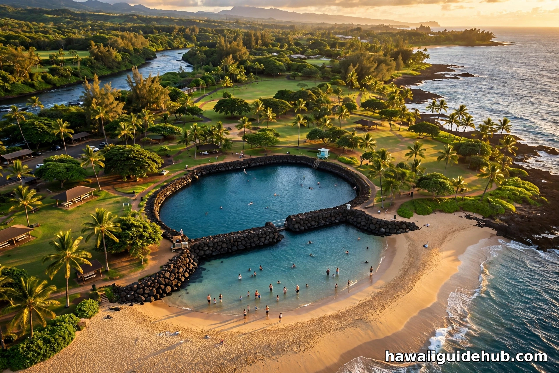 Aerial view of Lydgate Beach Park on Kauai at golden hour with the rock-enclosed protected swimming pools