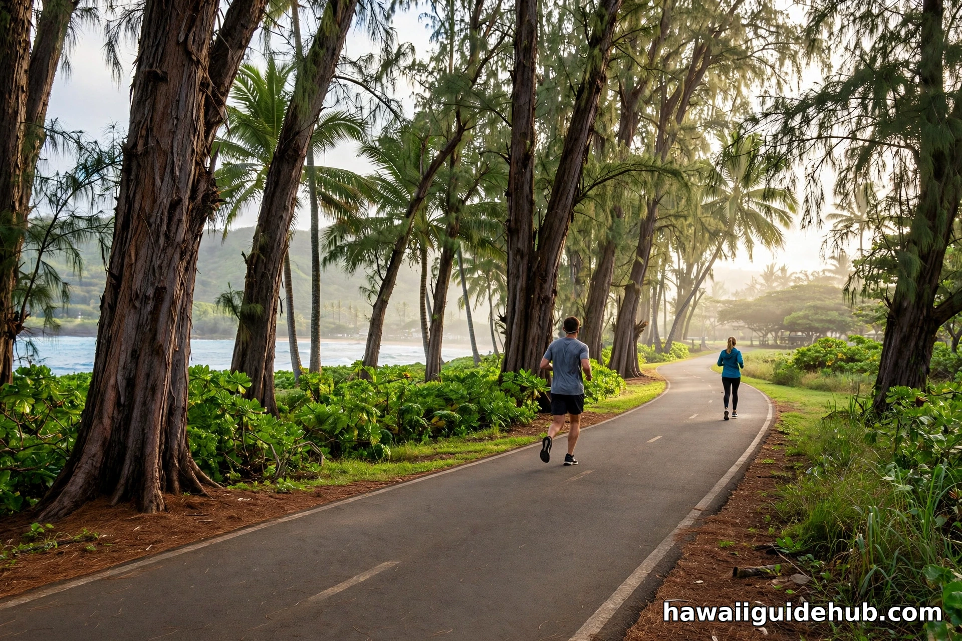Joggers on the paved Ke Ala Hele Makalae coastal path at Lydgate Beach Park with ironwood trees and the ocean