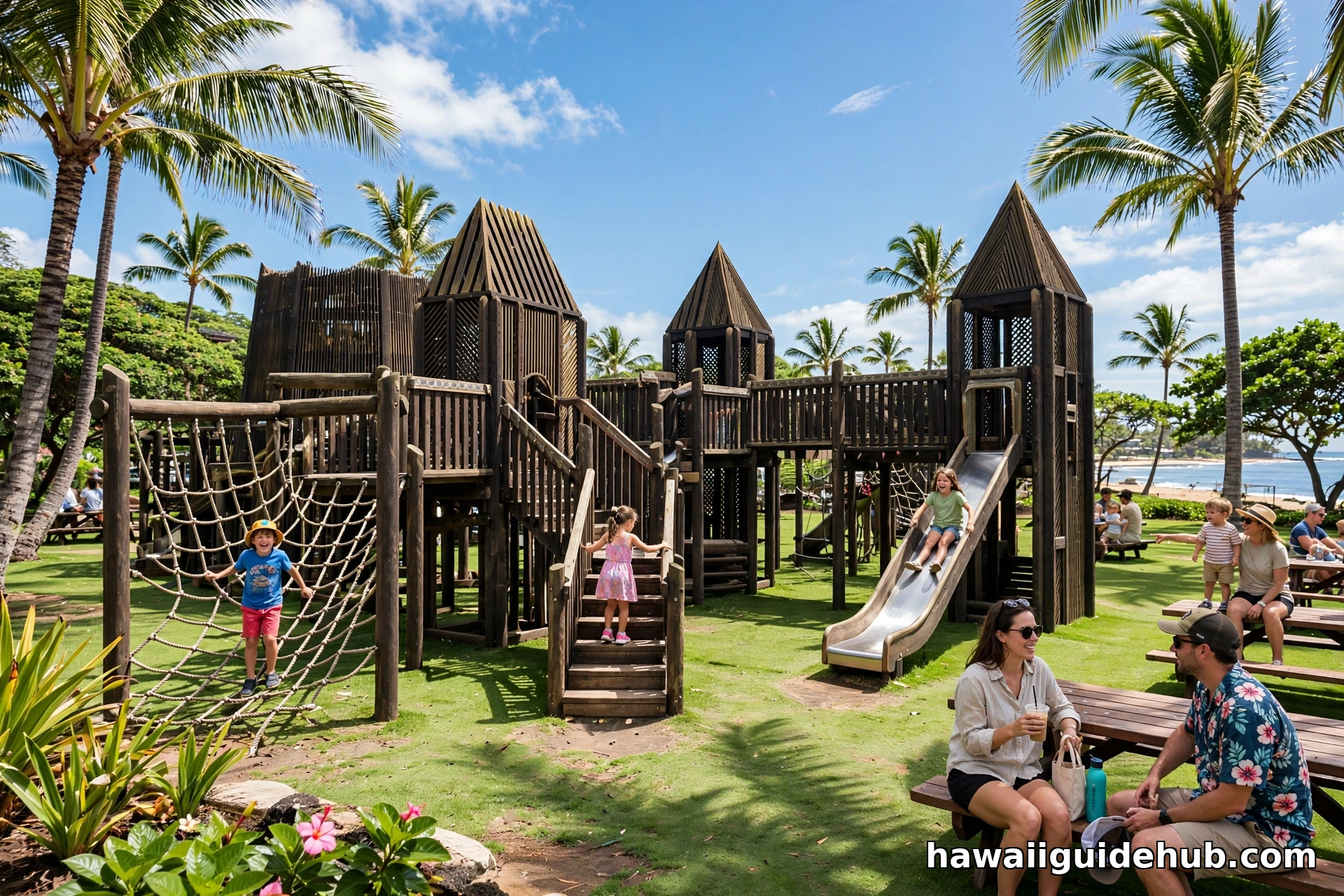 Children playing on the large wooden fort-style Kamalani Playground towers and slides at Lydgate Beach Park