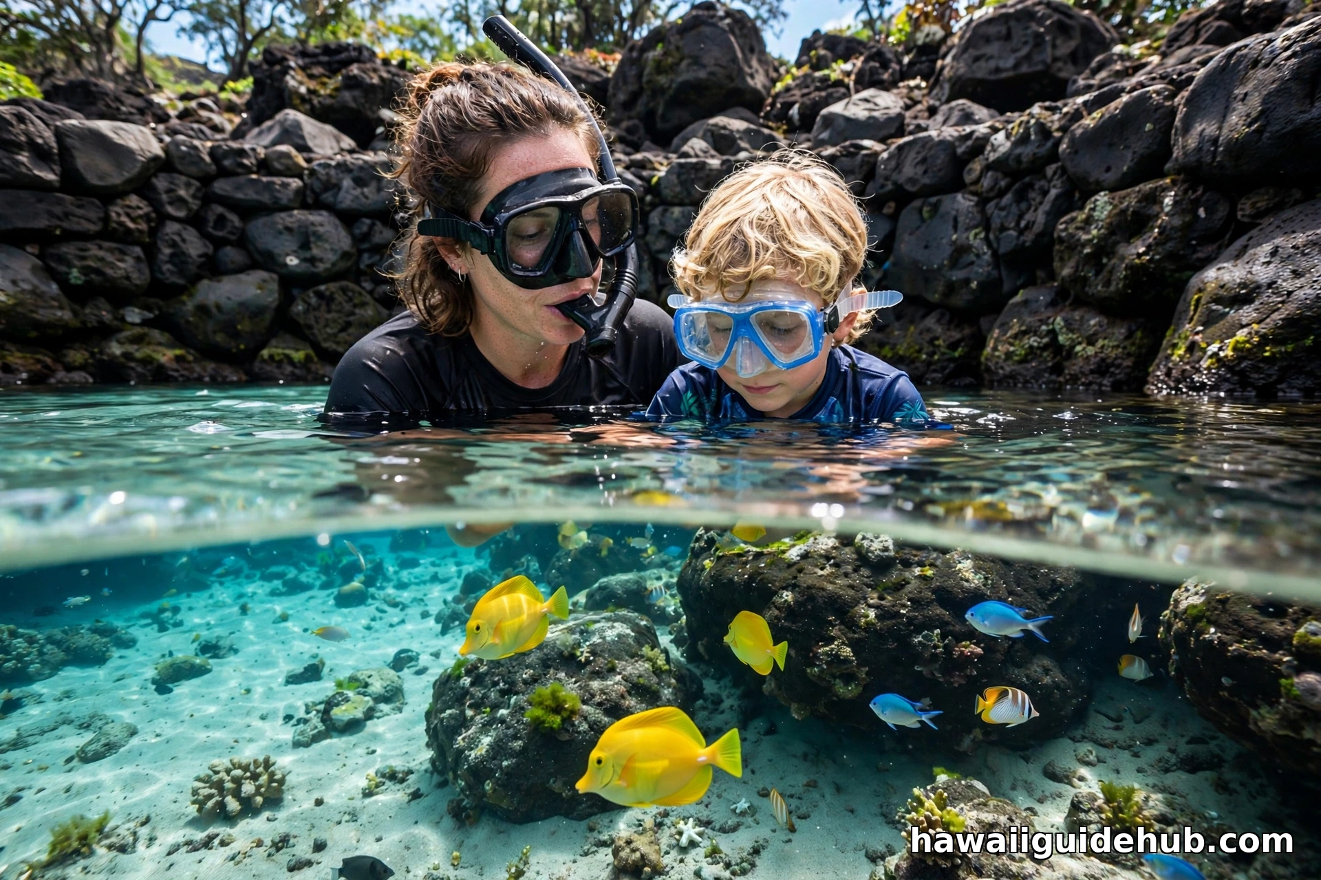 Parent and child snorkeling in the calm protected lagoon at Lydgate Beach Park with yellow tangs visible below
