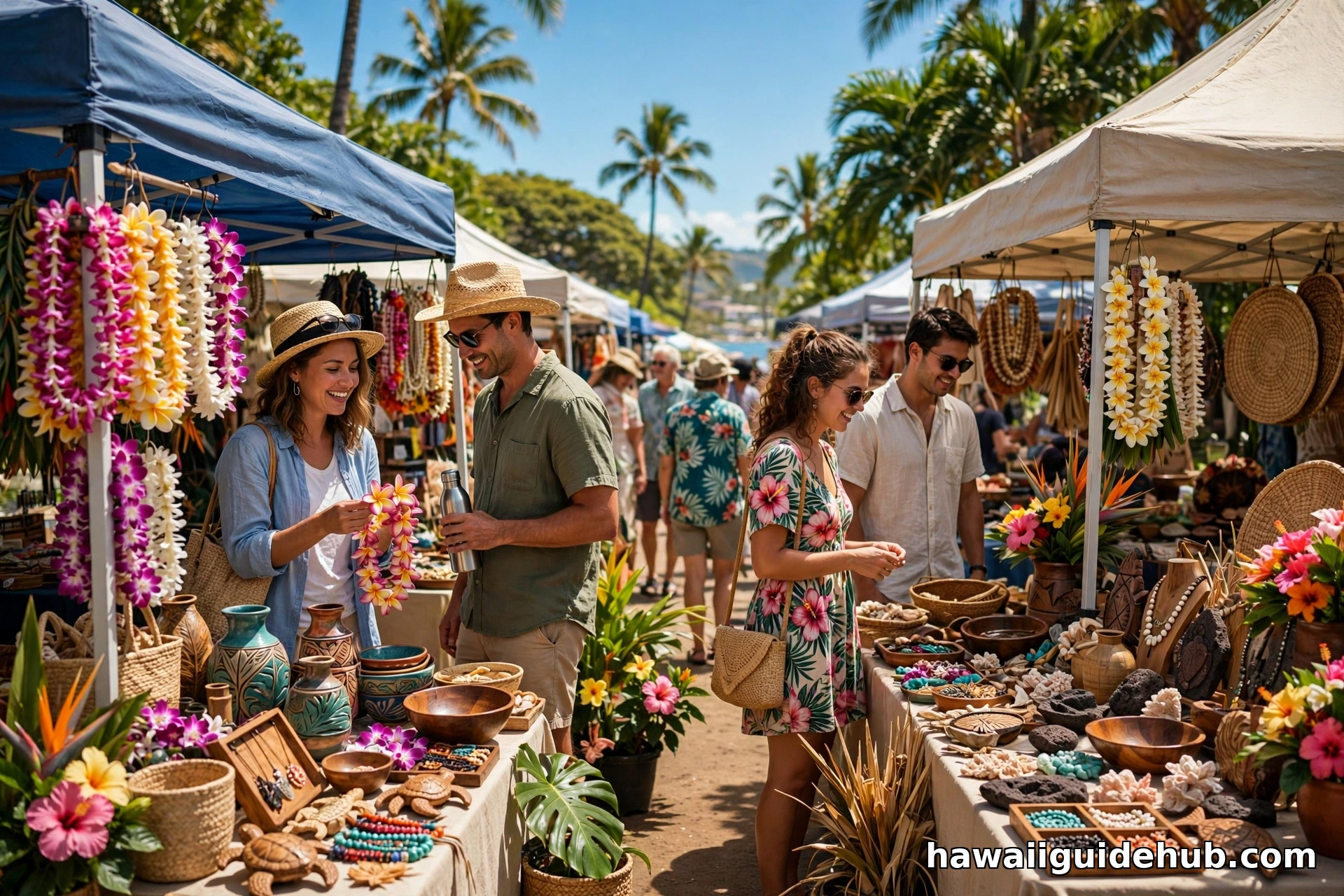 Shoppers browsing colorful lei and handmade crafts at an outdoor Hawaiian market in summer