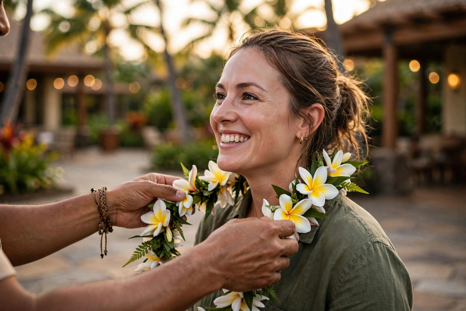 Hands placing a fresh plumeria lei around a smiling visitor's neck during a Hawaiian welcome ceremony at golden hour