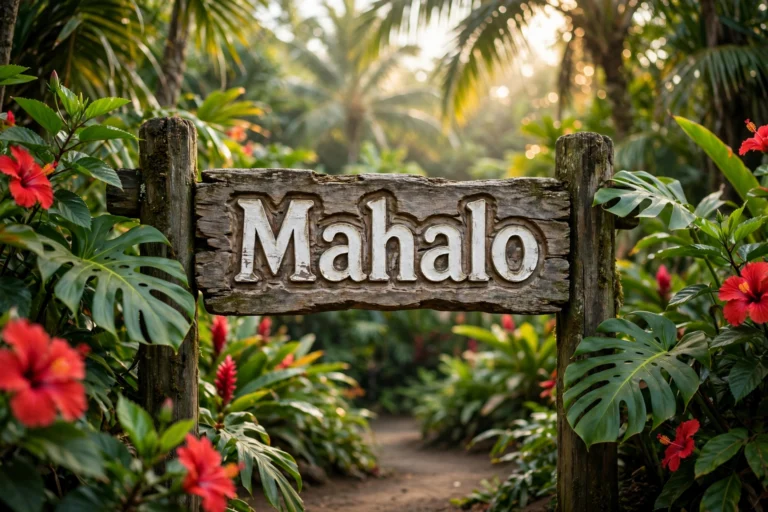 Weathered wooden sign with the word Mahalo carved in white letters at a lush Hawaiian garden entrance surrounded by monstera leaves and red hibiscus flowers