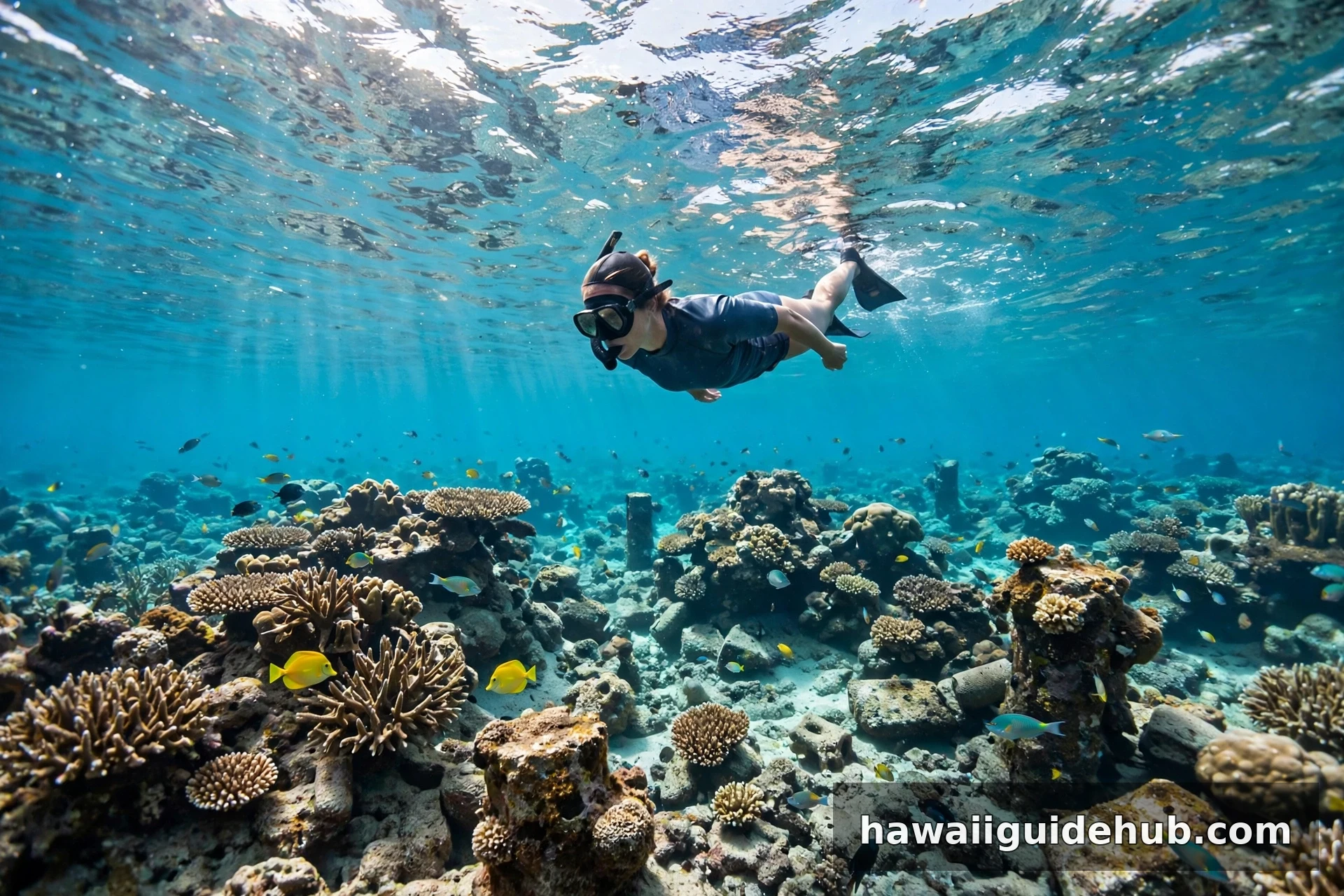 Snorkeler swimming over the coral reef at Mahukona Bay, Big Island of Hawaii