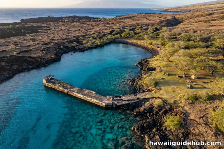 Aerial view of Mahukona Beach Park on the Big Island showing the old concrete harbor pier, clear turquoise bay, and lava rock shoreline