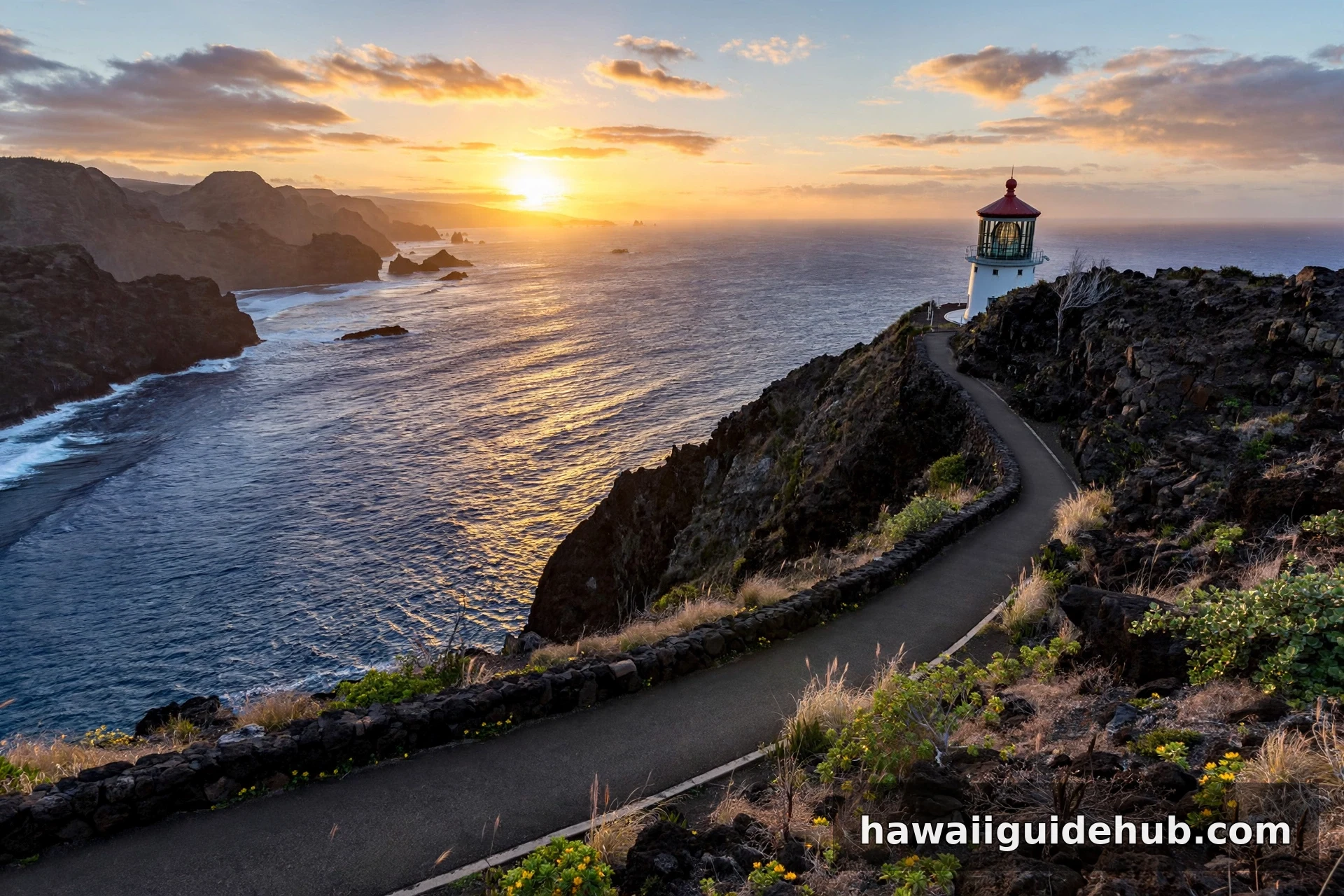 Sunrise at Makapuʻu Point Lighthouse on Oʻahu, with the historic white lighthouse on black volcanic sea cliffs and the sun rising over the Pacific Ocean