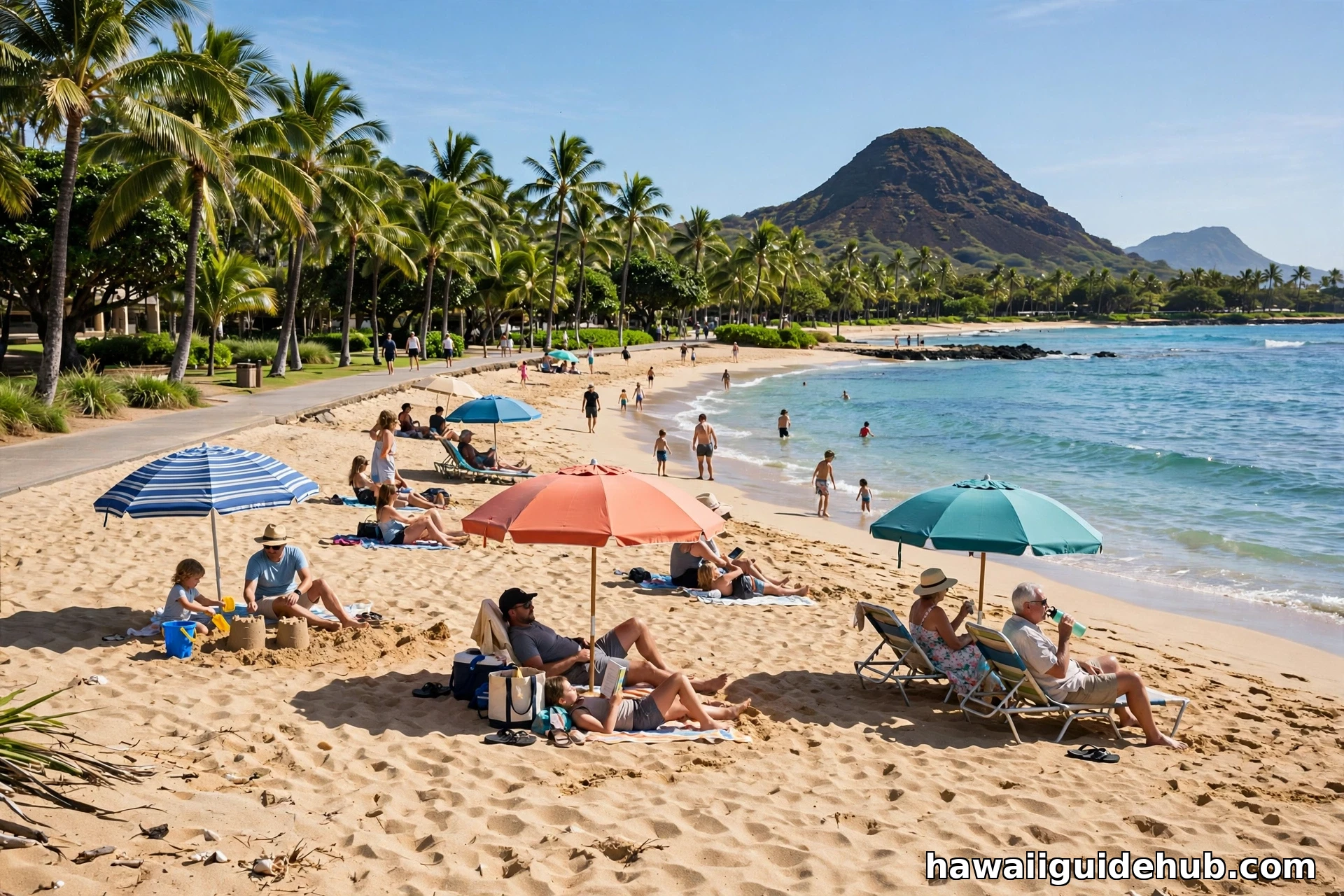 Families relaxing on the golden sand at Maluaka Beach with palm trees and a cinder cone in the distance