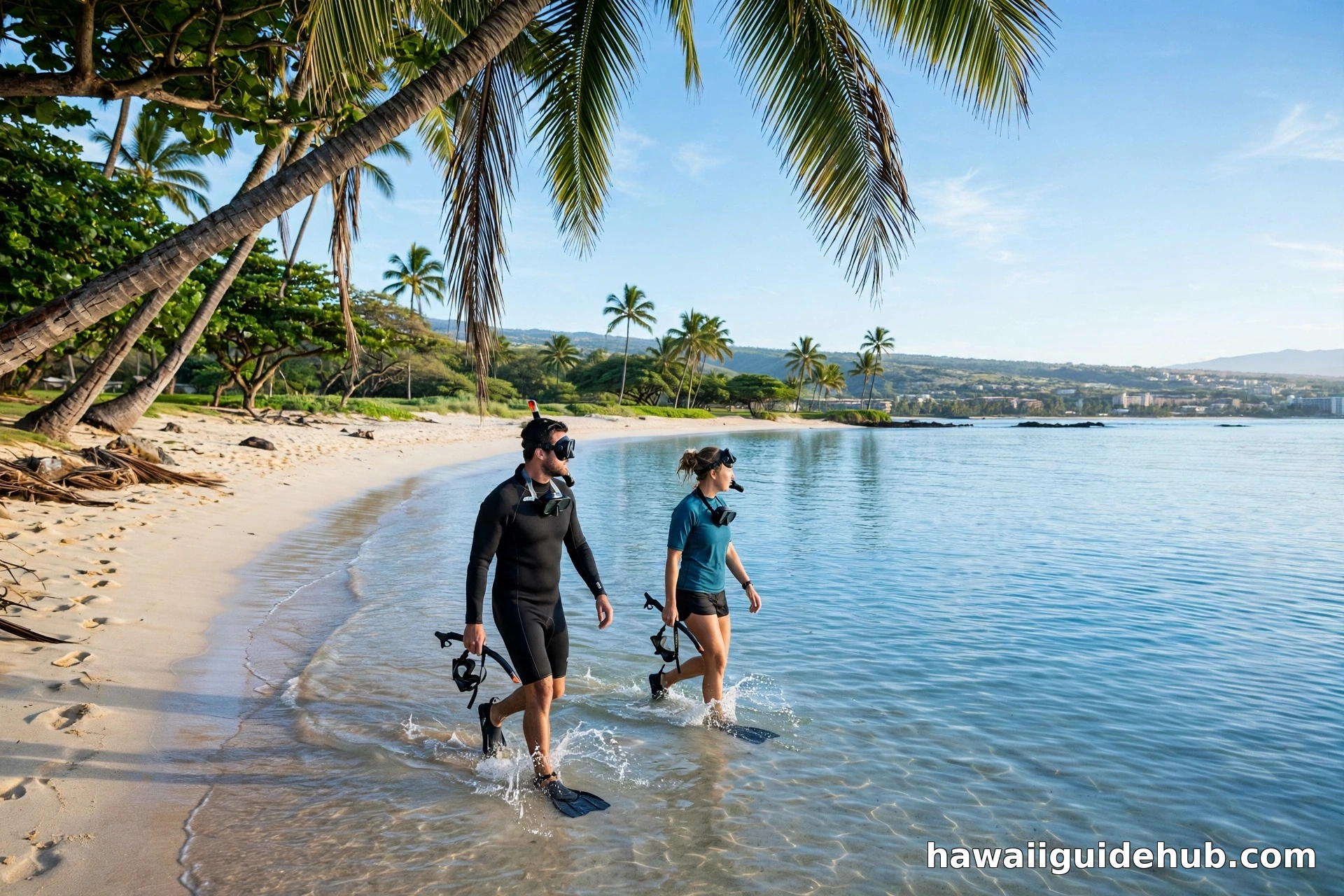 Snorkelers walking into calm morning water at Maluaka Beach, the shore access point for Turtle Town on Maui