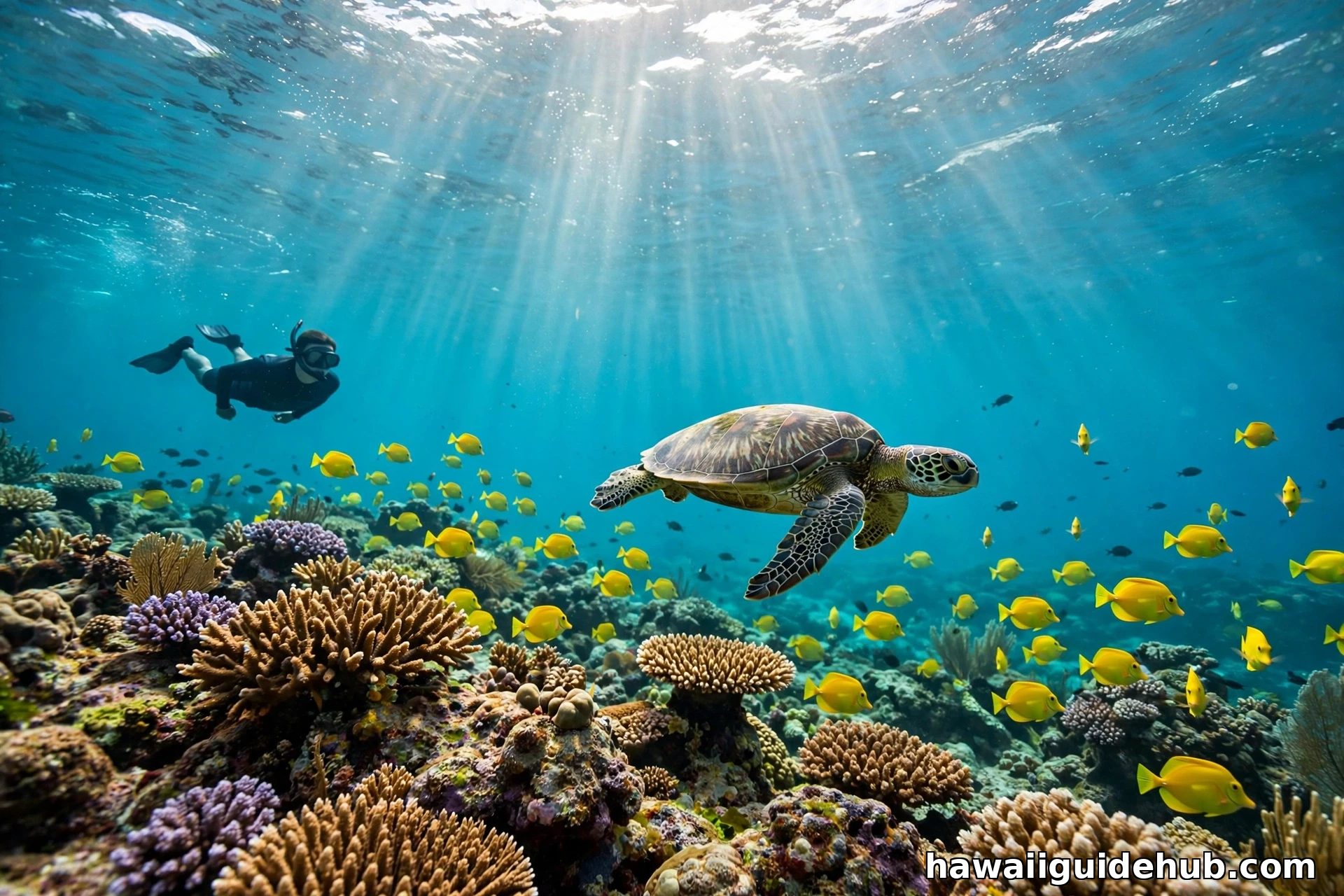 Snorkeler swimming near a Hawaiian green sea turtle over a coral reef at Maluaka Beach, Maui