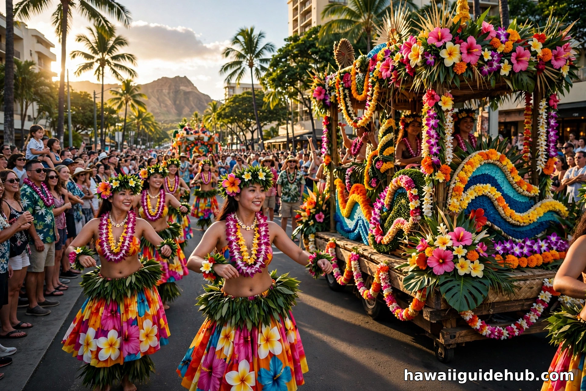 Honolulu Festival Grand Parade in Waikiki with hula dancers in colorful costumes and a flower decorated float