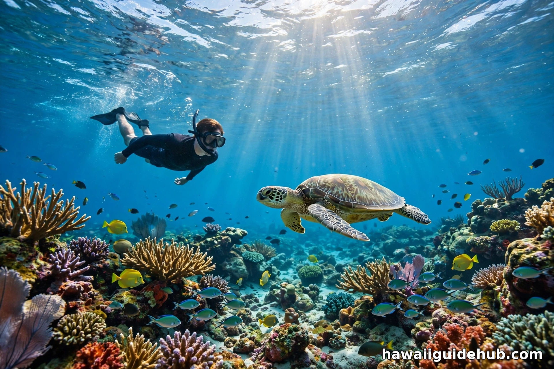 Snorkeler swimming near a Hawaiian green sea turtle over a coral reef in clear blue Hawaii water
