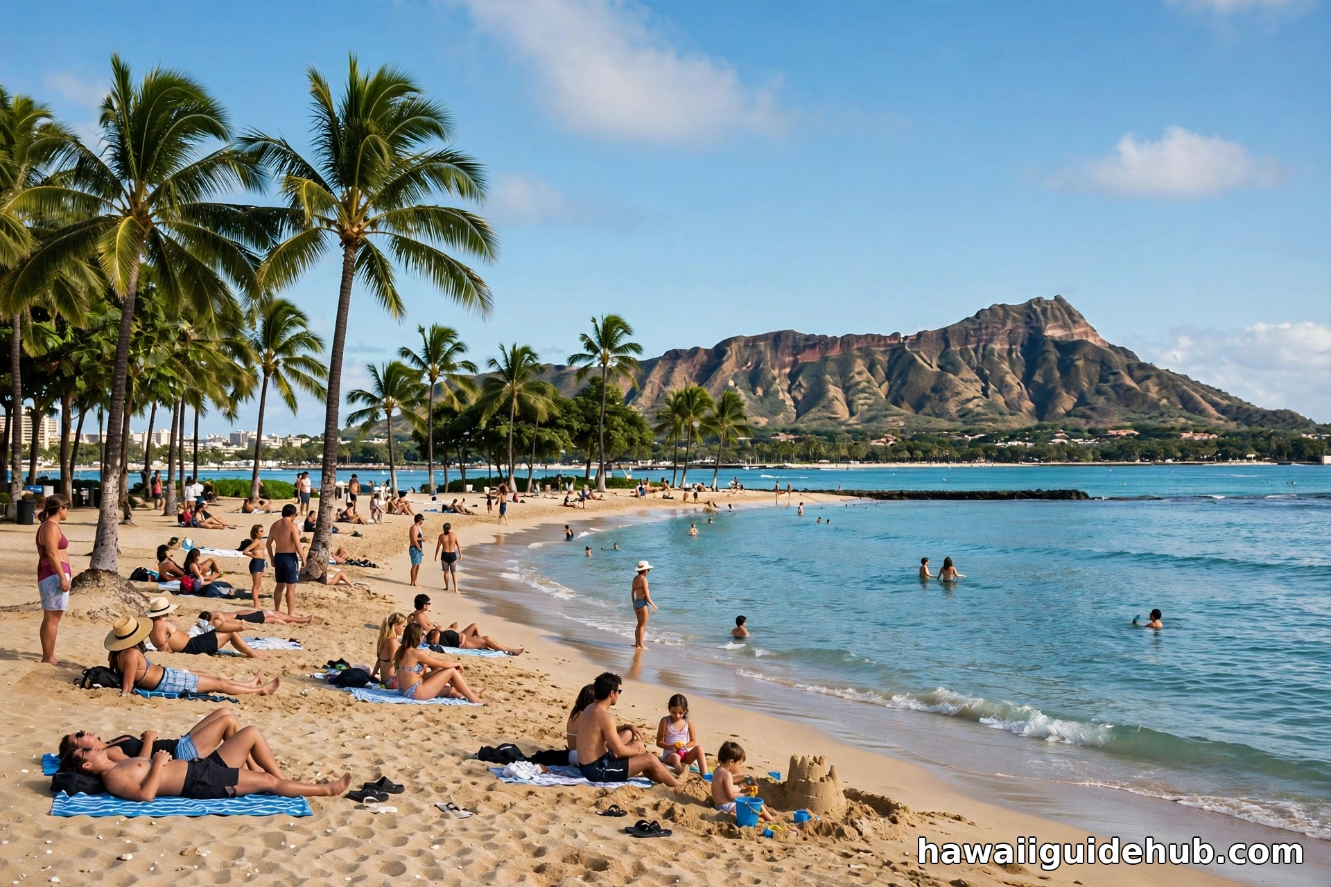 Waikiki Beach in March with Diamond Head in the background and people enjoying the sand and surf
