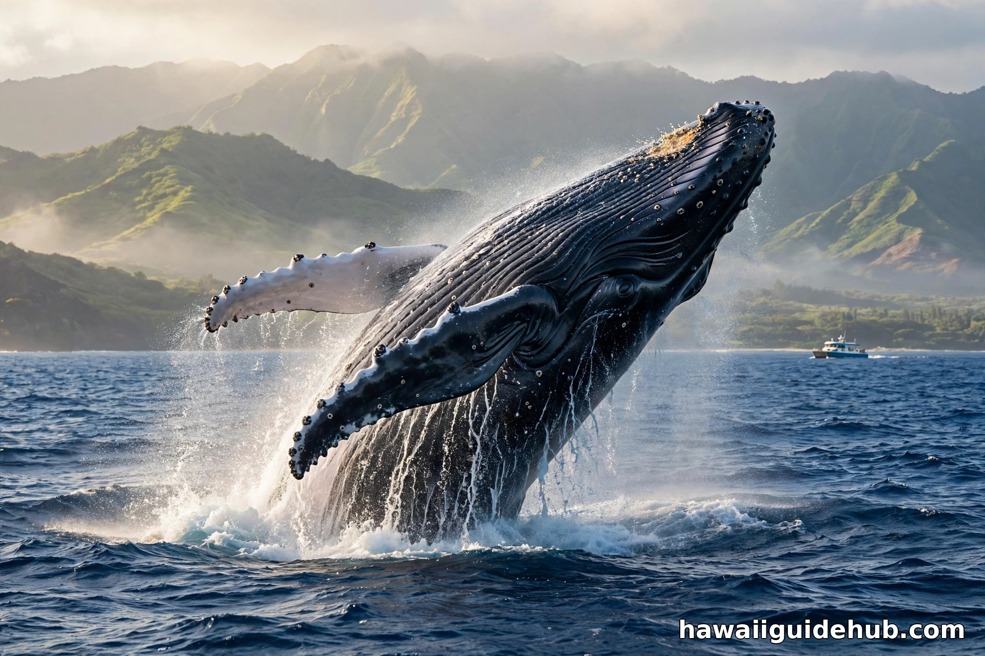 Humpback whale breaching out of the Pacific Ocean off Maui Hawaii with mountains in the background