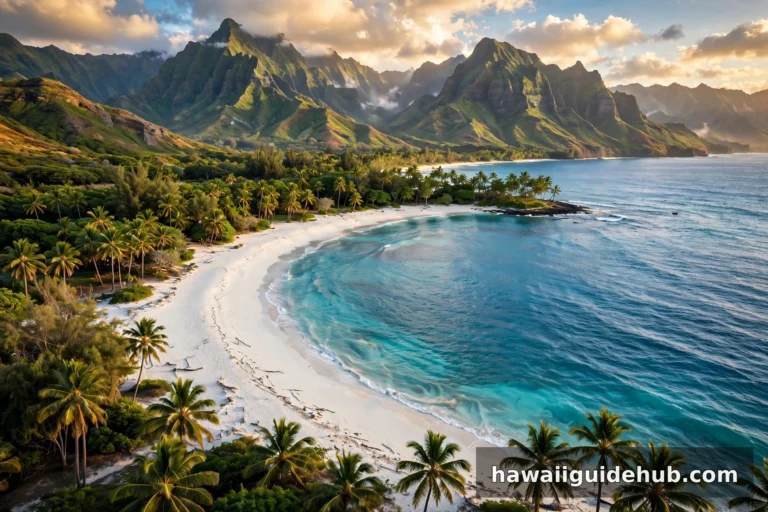 Aerial view of a white sand beach with turquoise water, palm trees, and green mountains on Maui, Hawaii at golden hour
