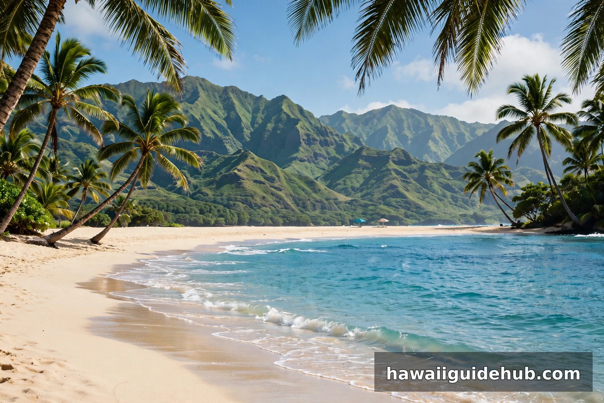 White sand beach on Maui, Hawaii with turquoise waves, palm trees, and green mountains in the distance
