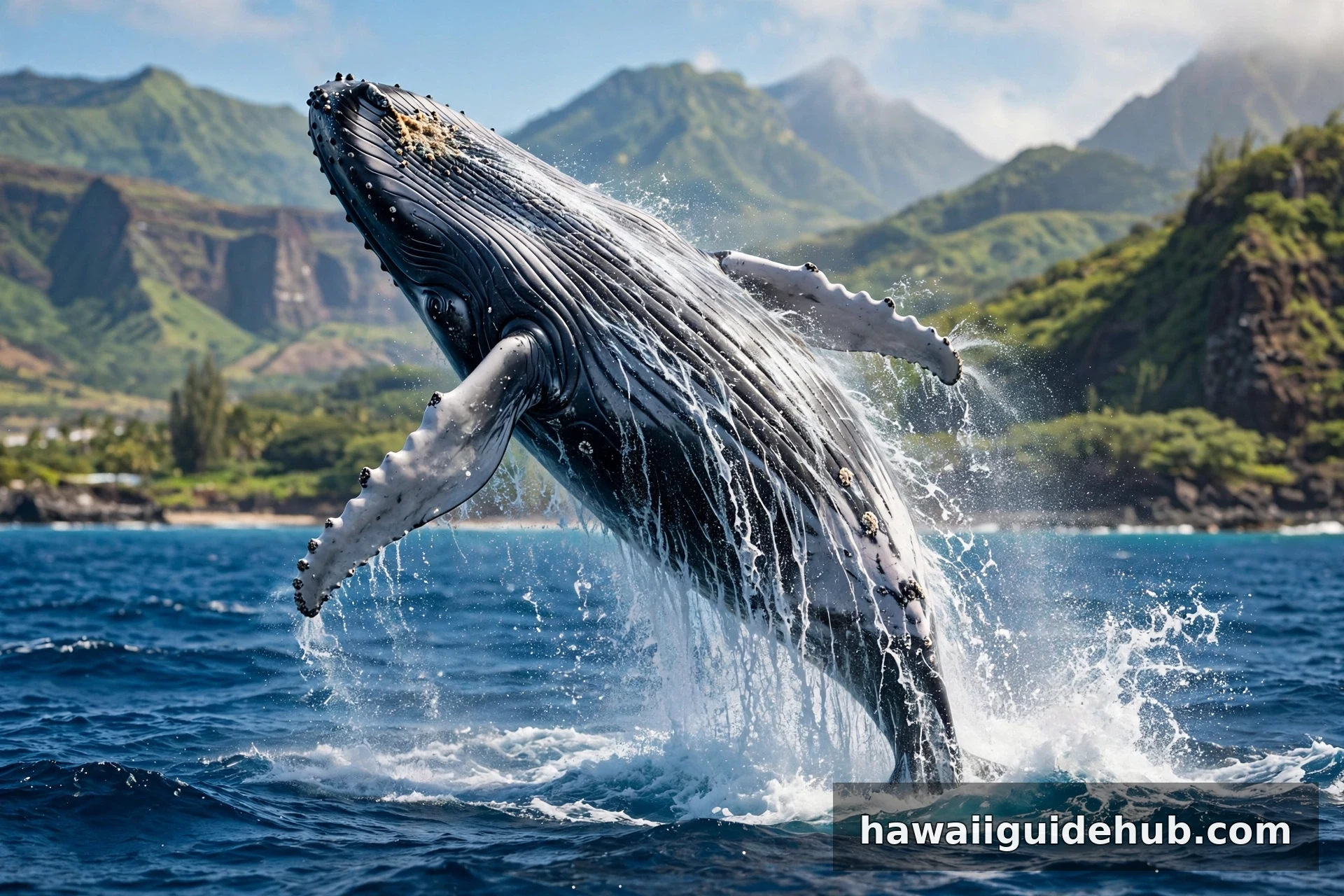 Humpback whale breaching out of deep blue ocean water off the coast of Maui, Hawaii, with green island mountains in the background