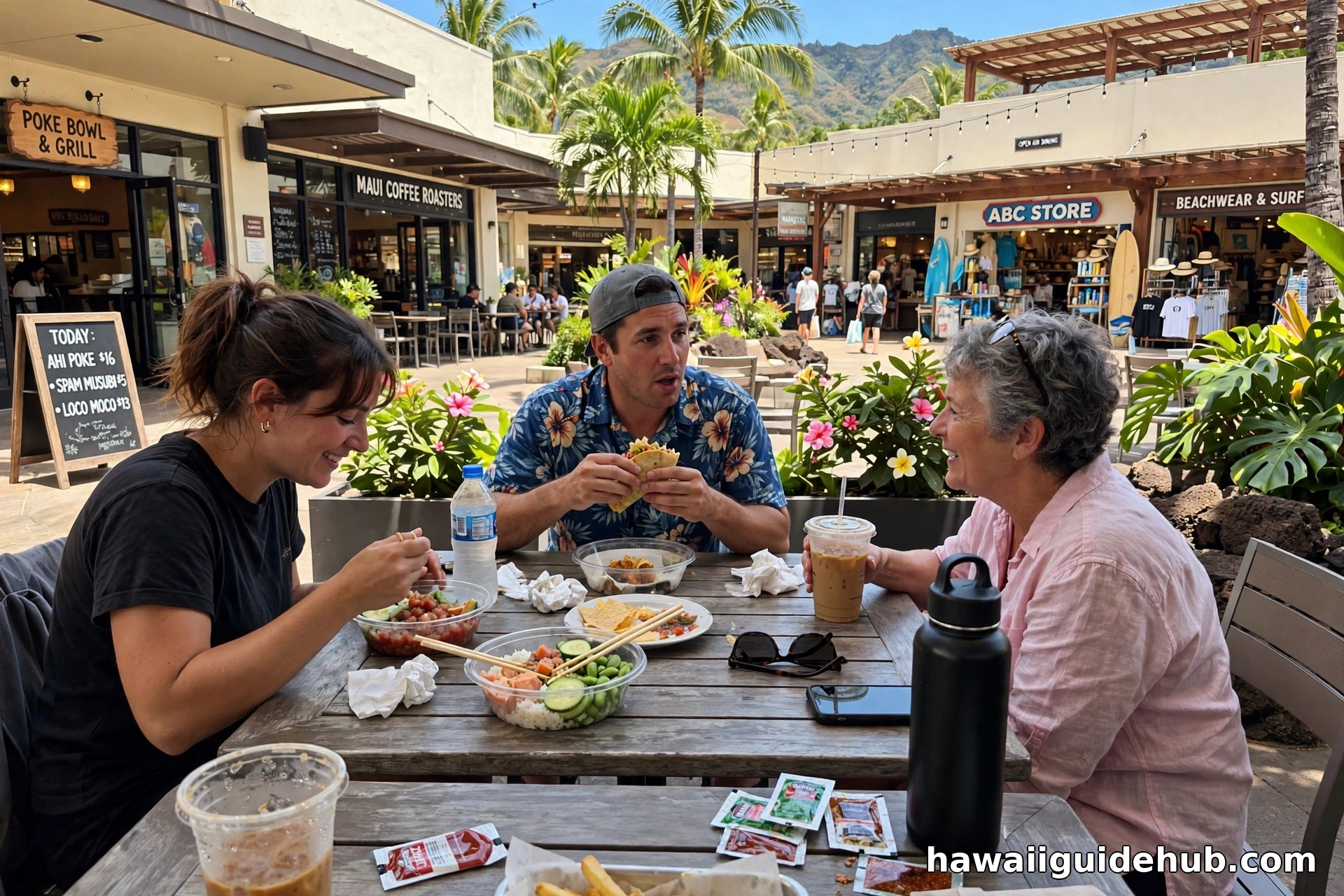 People dining at the open-air dining court of a Maui shopping mall
