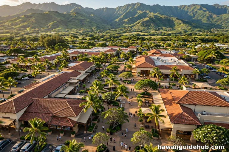 Aerial view of Maui Mall Village open-air shopping center in Kahului Maui with terracotta roofs and palm trees