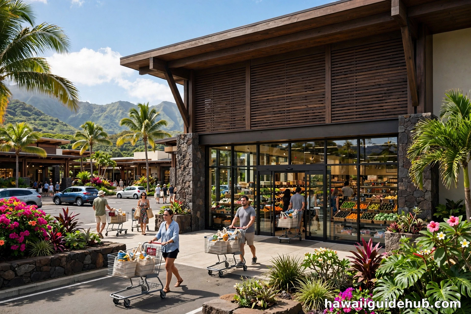 Shoppers with carts outside the Whole Foods Market at Maui Mall Village in Kahului