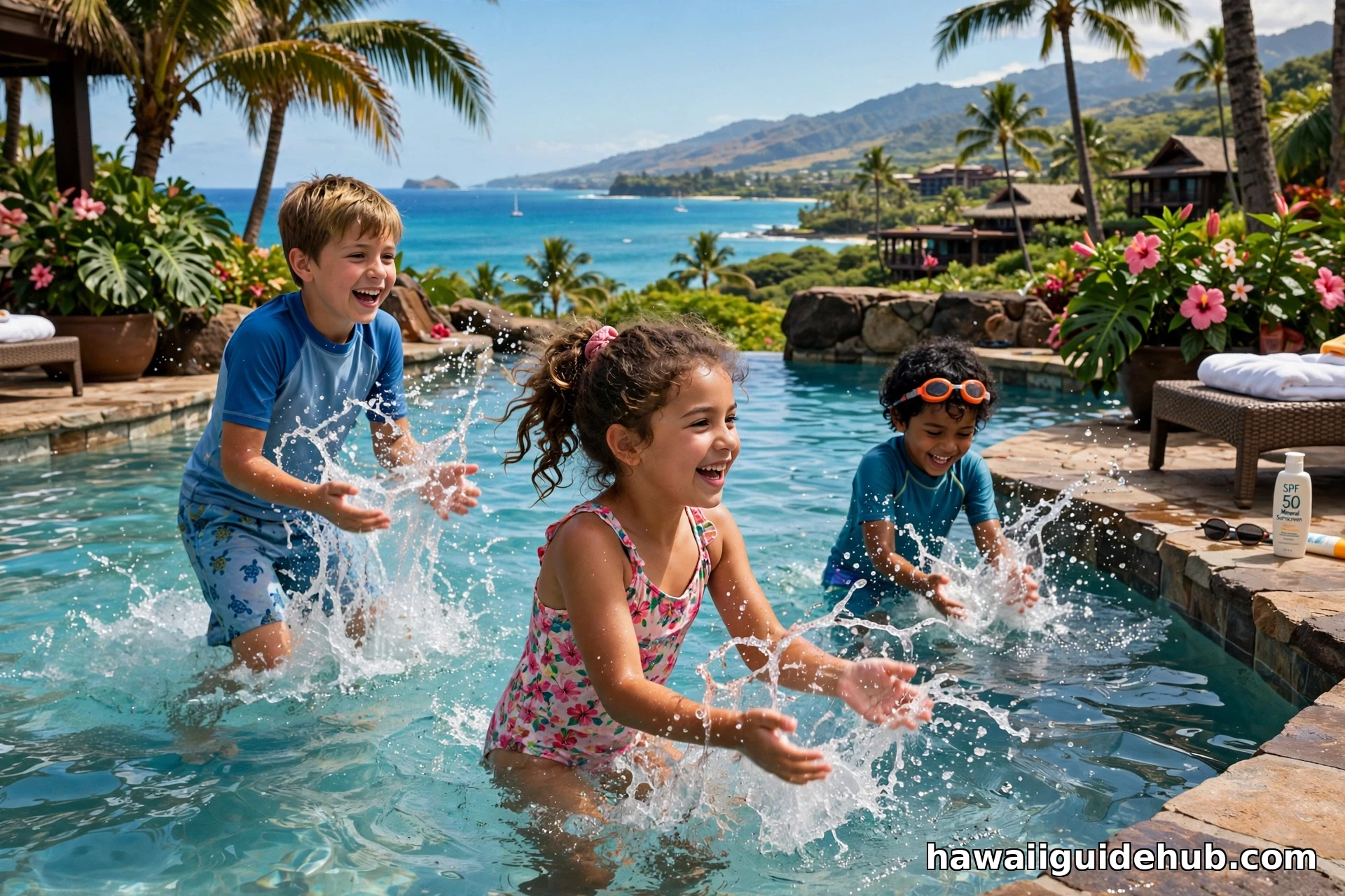 Children splashing and playing in a Maui resort pool with ocean views