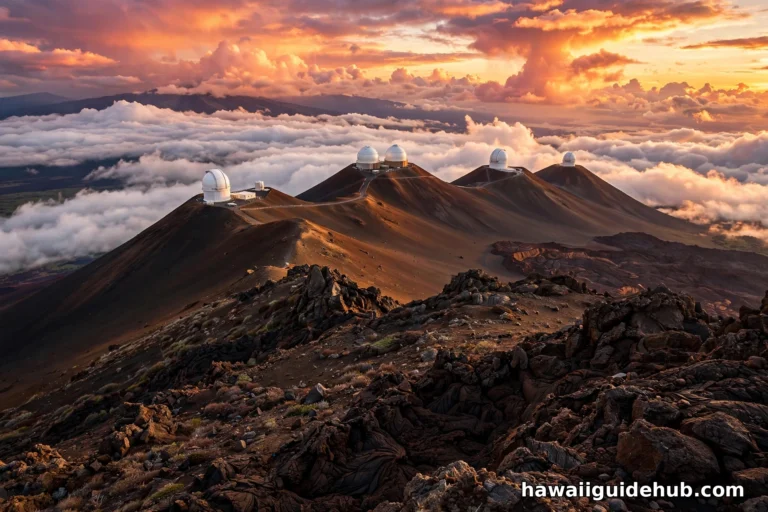 Aerial view of Mauna Kea summit at sunset with telescope observatory domes above clouds