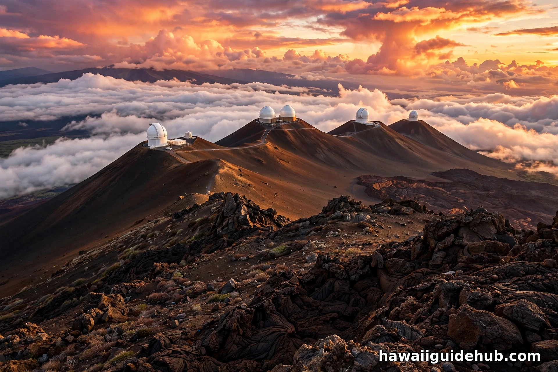 Aerial view of Mauna Kea summit at sunset with telescope observatory domes above clouds