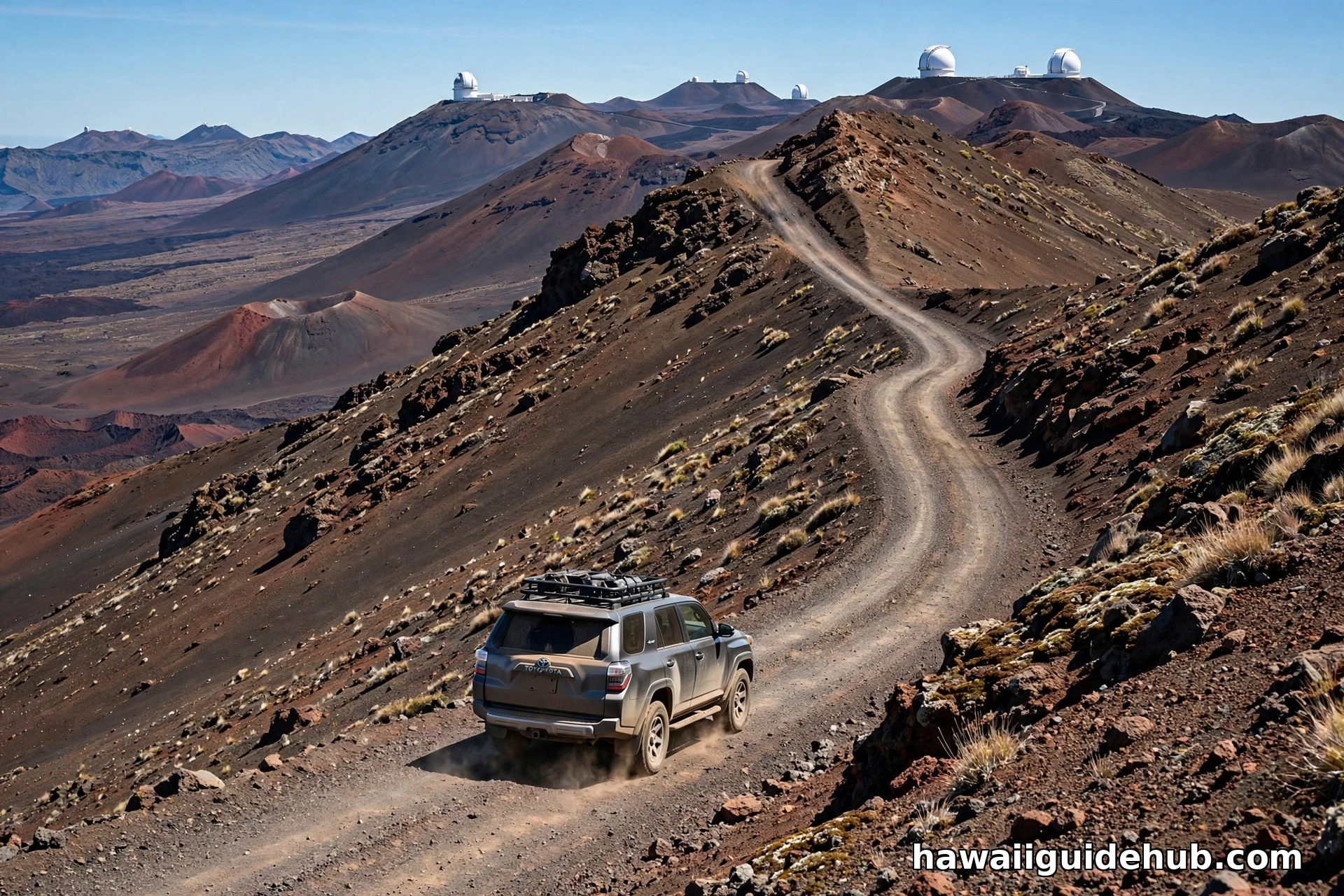4WD vehicle driving on the unpaved gravel summit access road on Mauna Kea