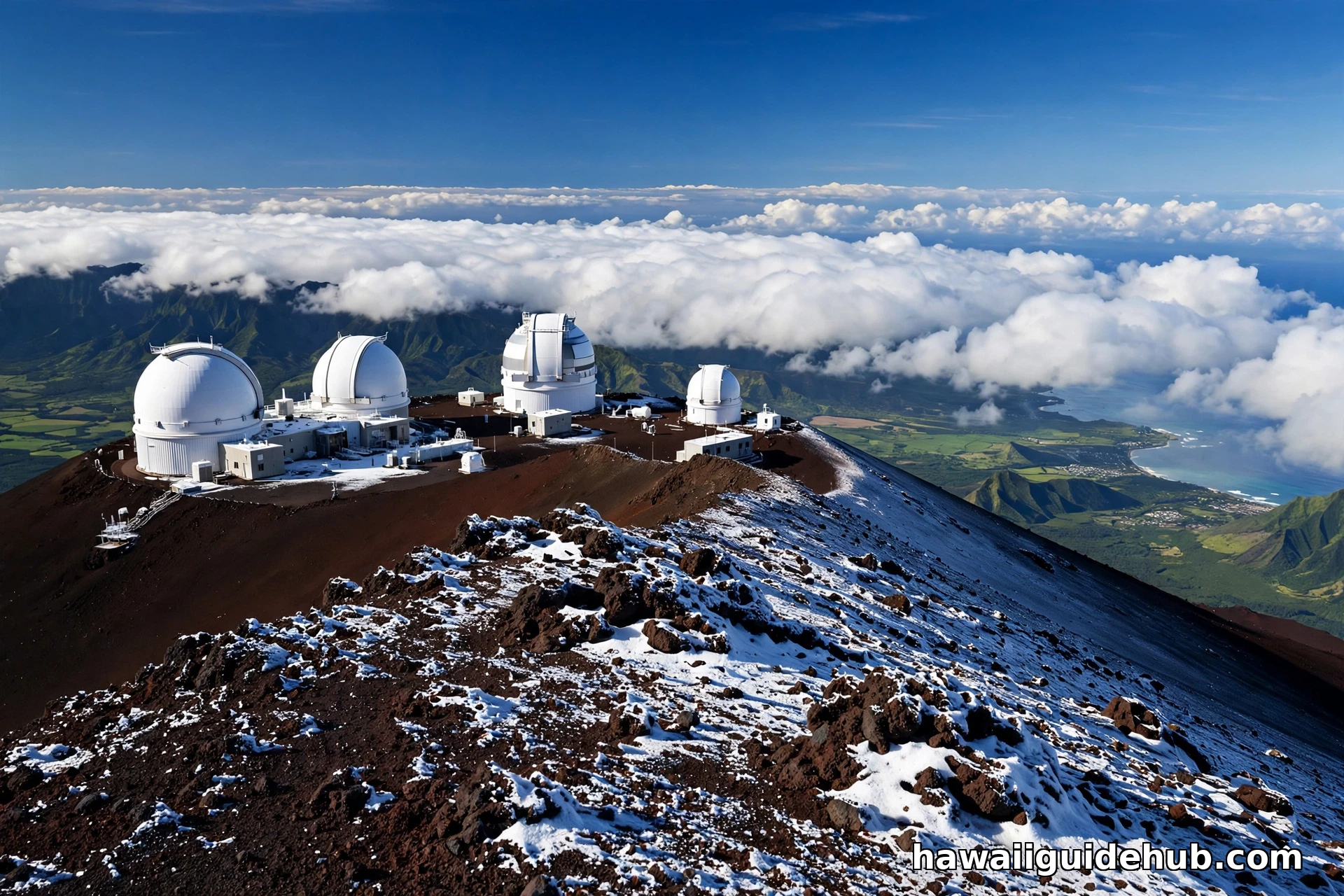 Mauna Kea summit with snow on volcanic cinder cones and telescope observatory domes