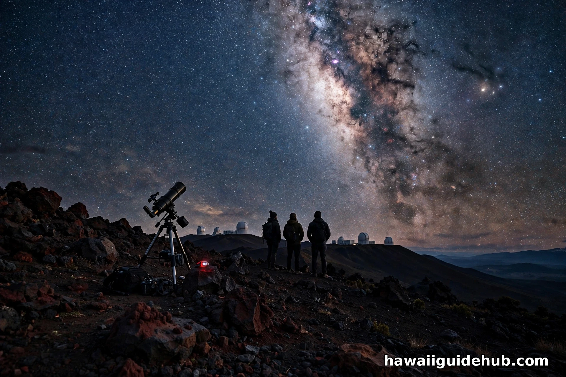 People stargazing under the Milky Way on Mauna Kea with telescope and observatory domes