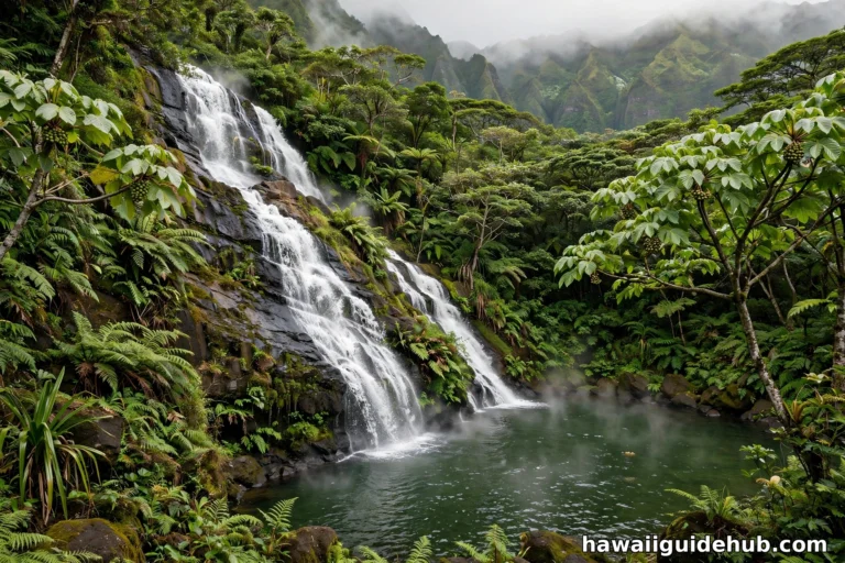 Maunawili Falls cascading into a deep green pool surrounded by lush Hawaiian rainforest on Oahu
