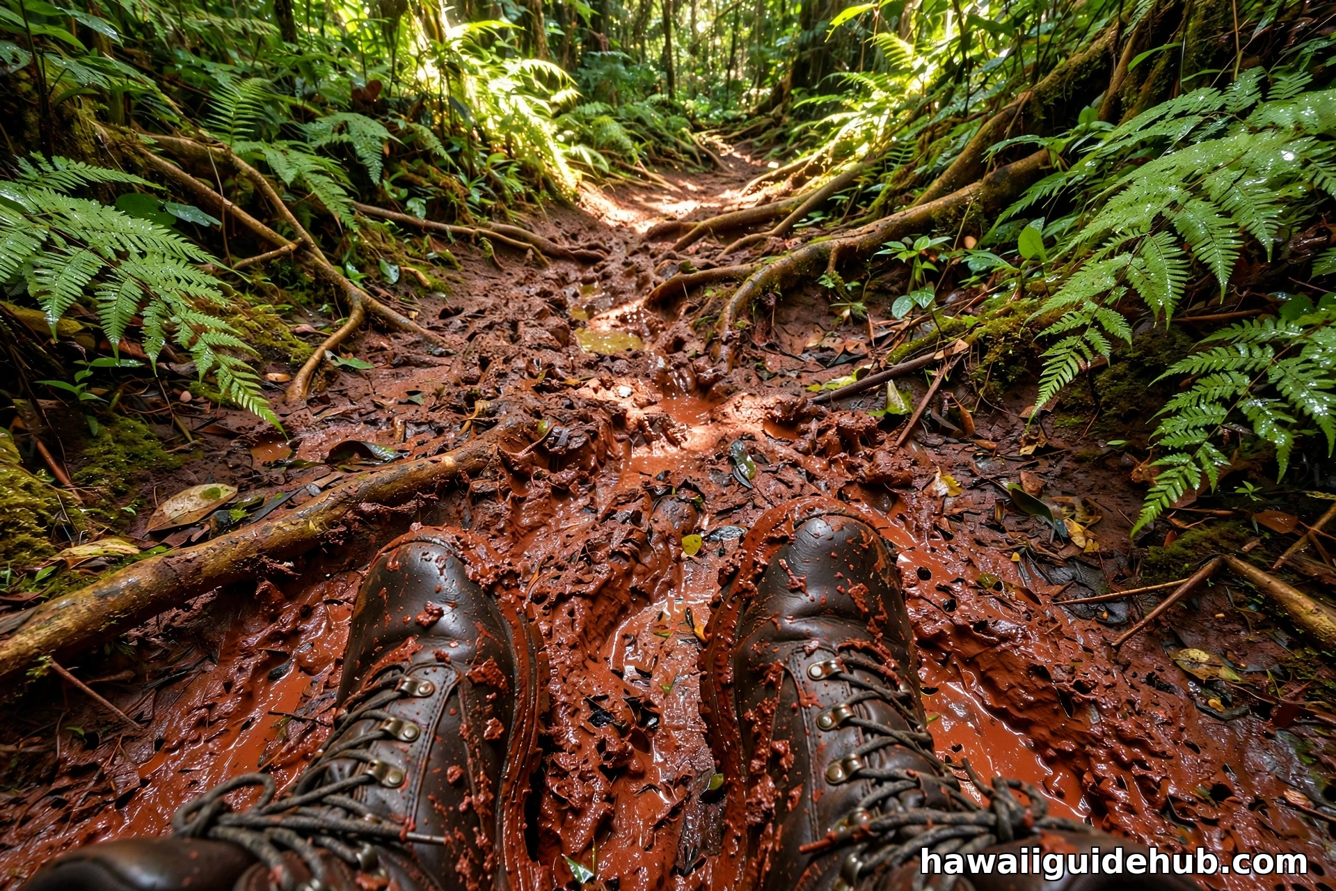 Hiker's muddy boots on the Maunawili Falls trail showing deep red-brown mud and exposed tree roots