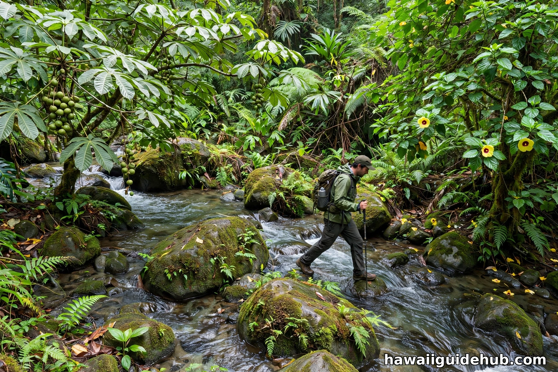 Hiker crossing Maunawili Stream over moss-covered rocks in the Oahu rainforest