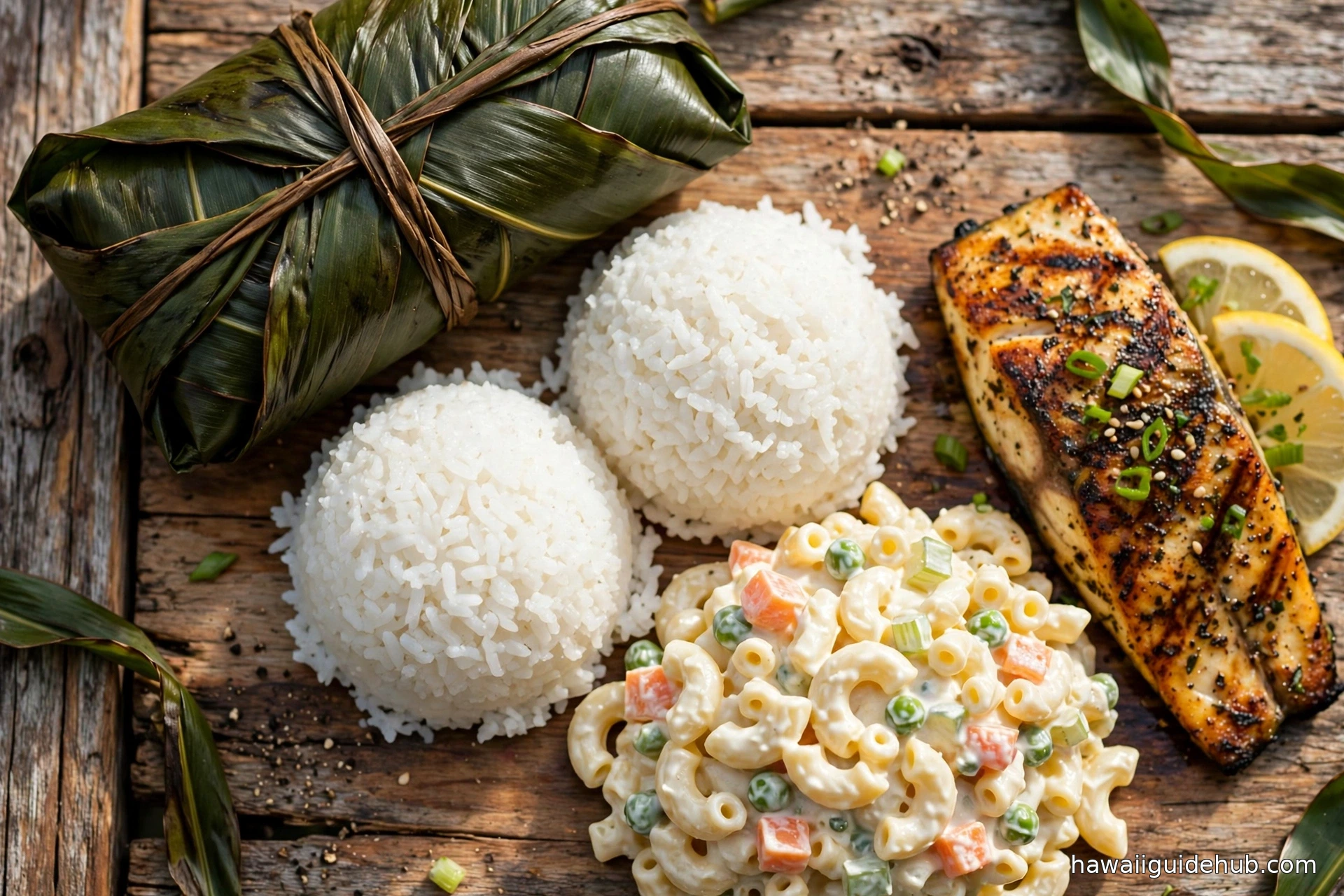 Overhead view of a classic Hawaiian plate lunch with laulau wrapped in ti leaf, two scoops of rice, macaroni salad, and grilled fish on a rustic wooden table