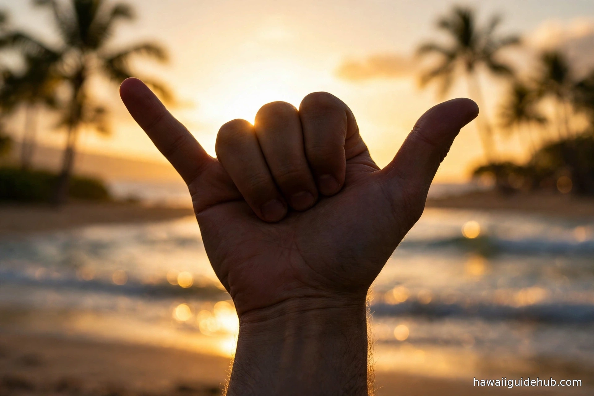 Hand making the shaka sign silhouetted against a Hawaiian beach sunset with palm trees and ocean waves