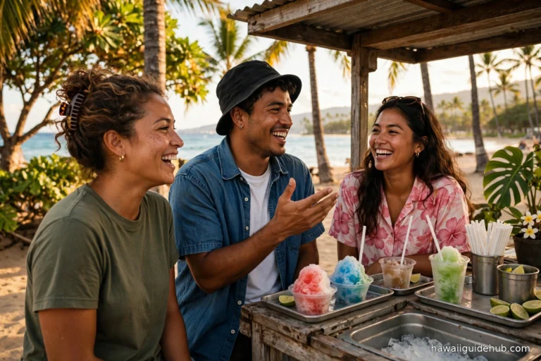 Three local friends laughing and talking story over shave ice at a beachside stand in Hawaii at golden hour