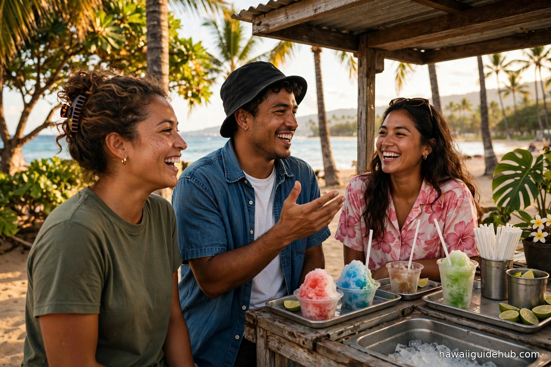 Three local friends laughing and talking story over shave ice at a beachside stand in Hawaii at golden hour