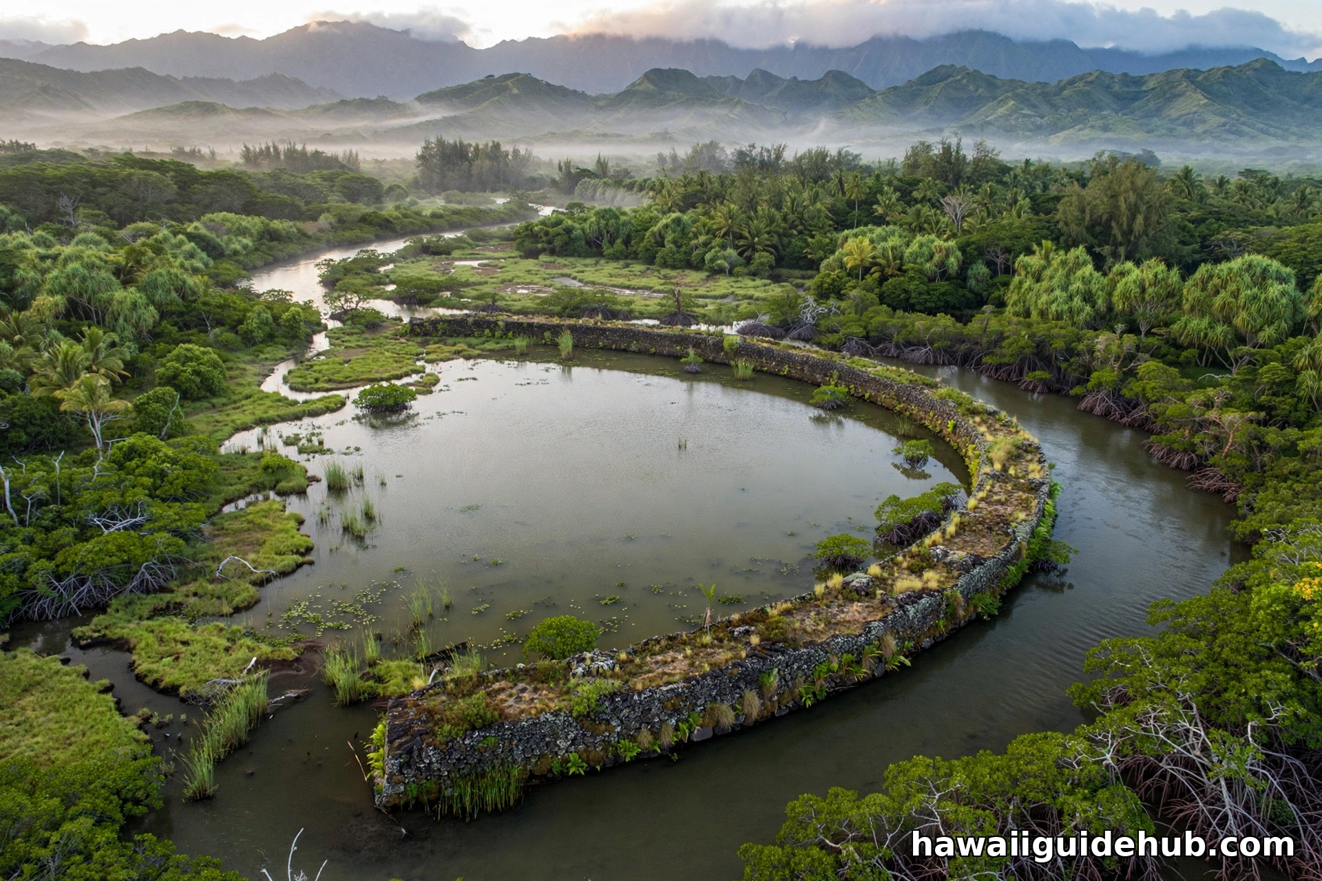 Aerial view of the Menehune Fishpond (Alekoko), an ancient stone-walled fishpond on the Huleia River near Lihue