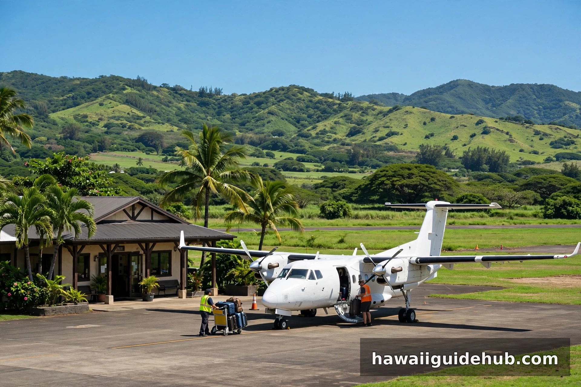 Twin-engine turboprop airplane parked at a small inter-island airport terminal in Hawaii with green hills behind