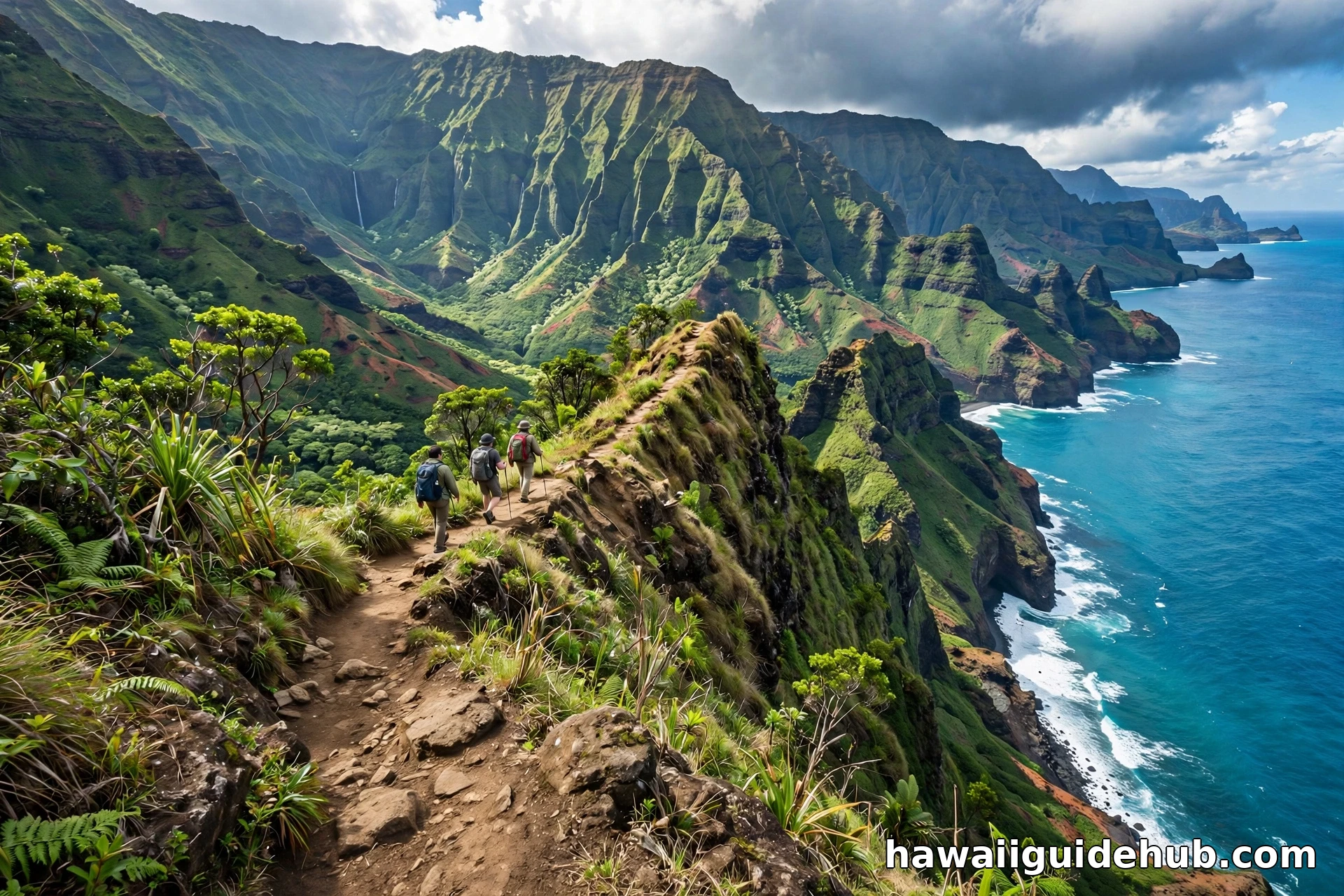 Hikers on the Kalalau Trail above the Na Pali Coast.