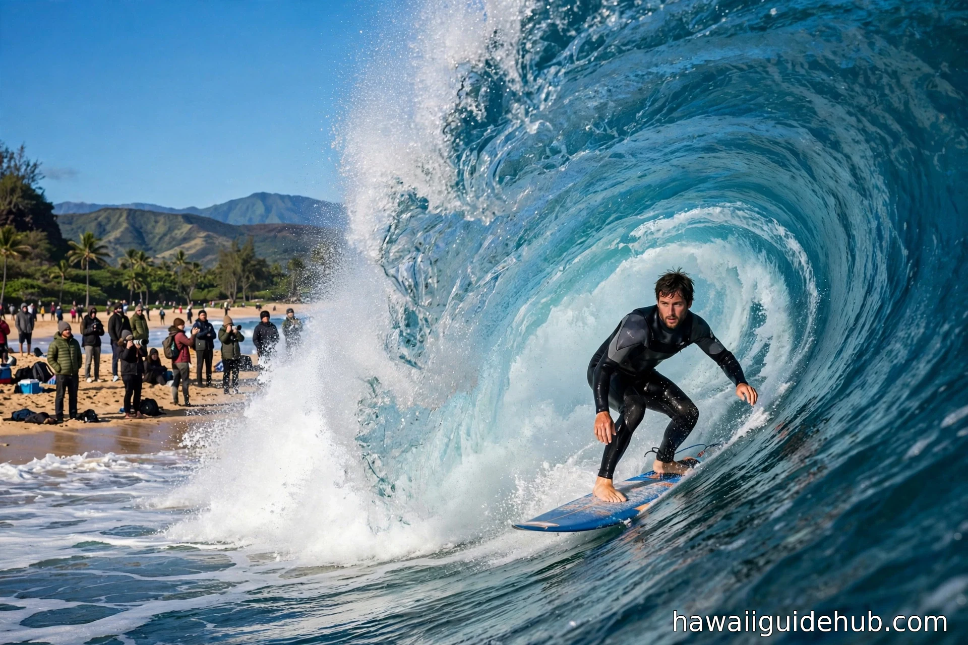 A surfer riding inside a large turquoise barrel wave on Oahu's North Shore with spectators on the beach