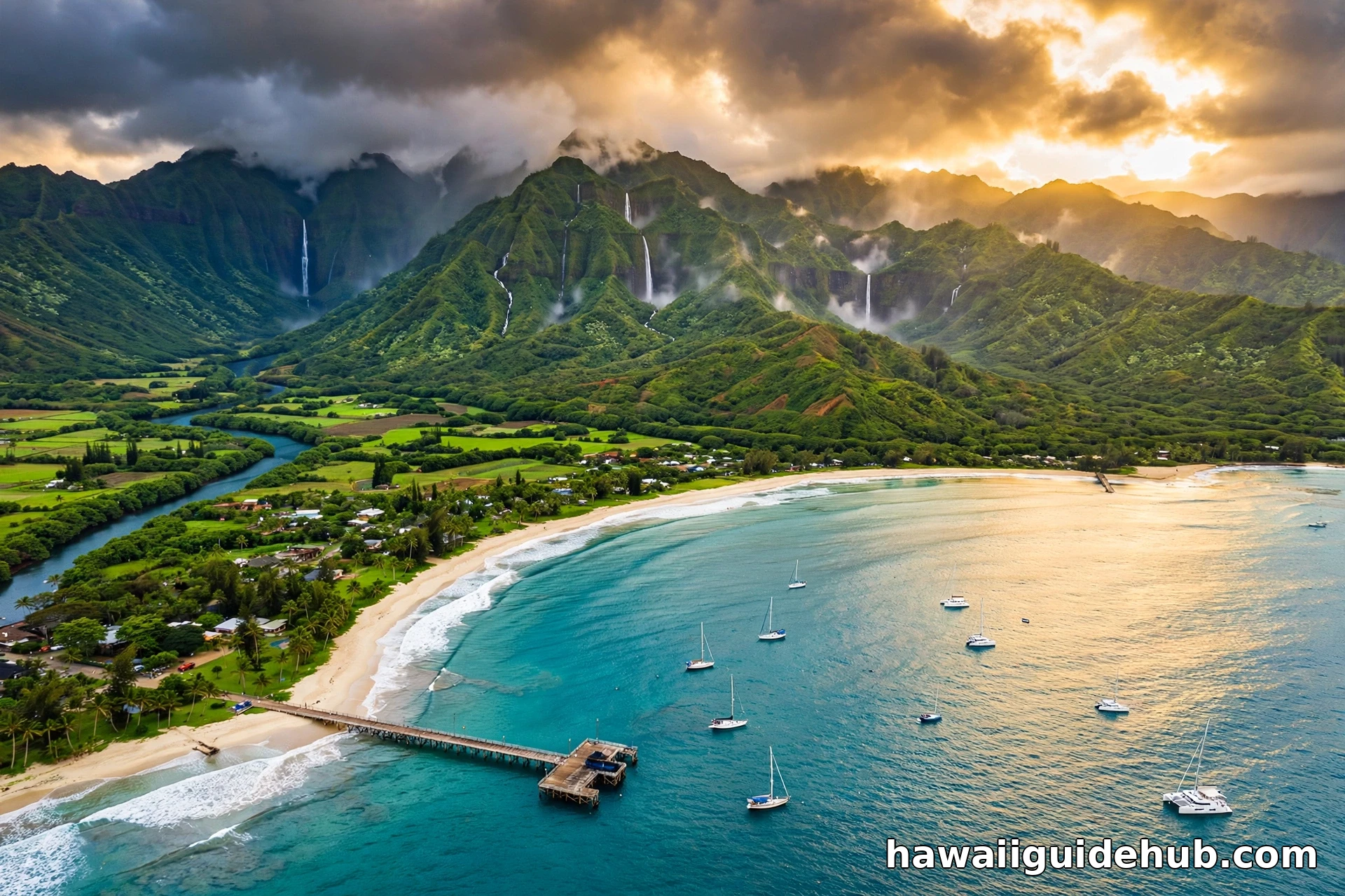 Aerial view of Hanalei Bay on Kauai's North Shore with the historic Hanalei Pier, sailboats, and emerald mountains
